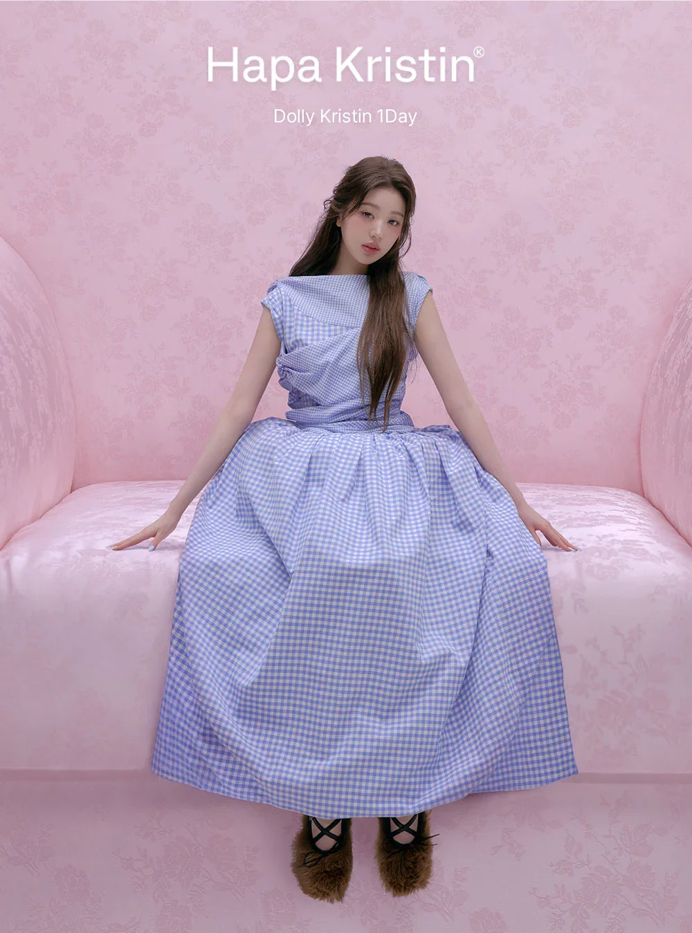 Hapa Kristin Campaign 'Dolly Kristin' Jang Wonyoung wearing 'Periwinkle Gingham Hip Pad Dress'