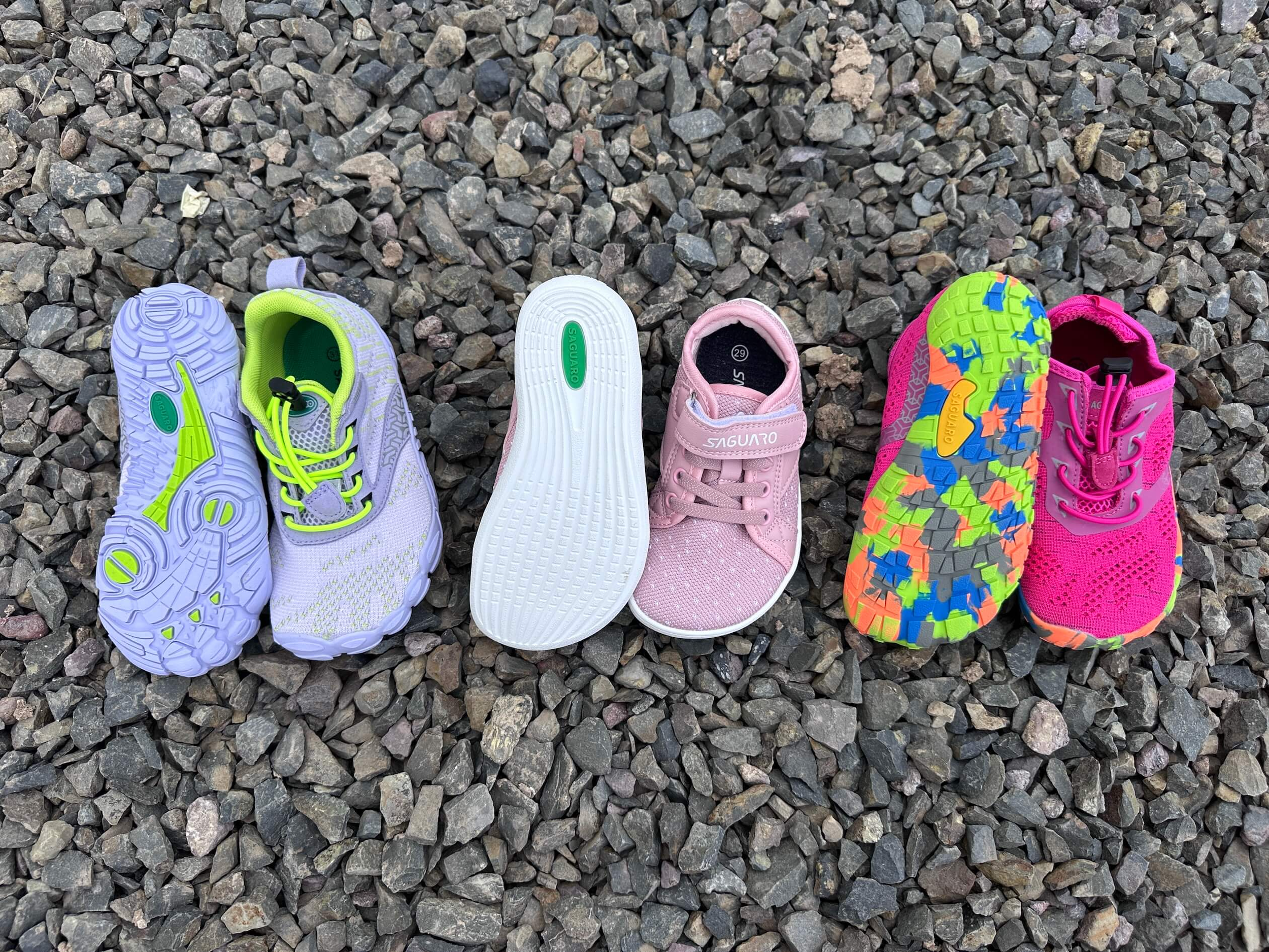 kids saguaro barefoot shoes lines up next to eachother