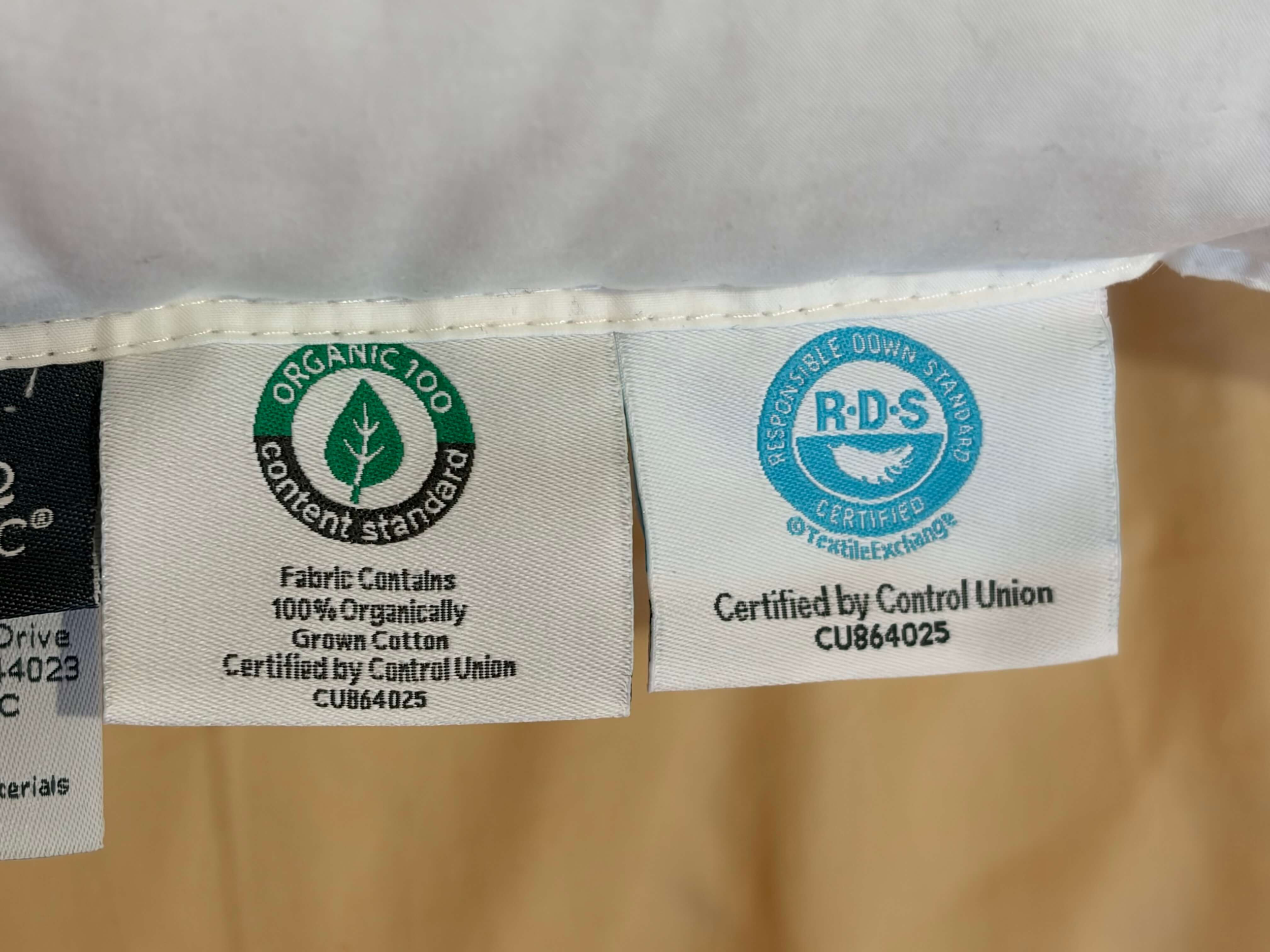 certification tags on the naturepedic Down Pillow With Organic Cotton Fabric