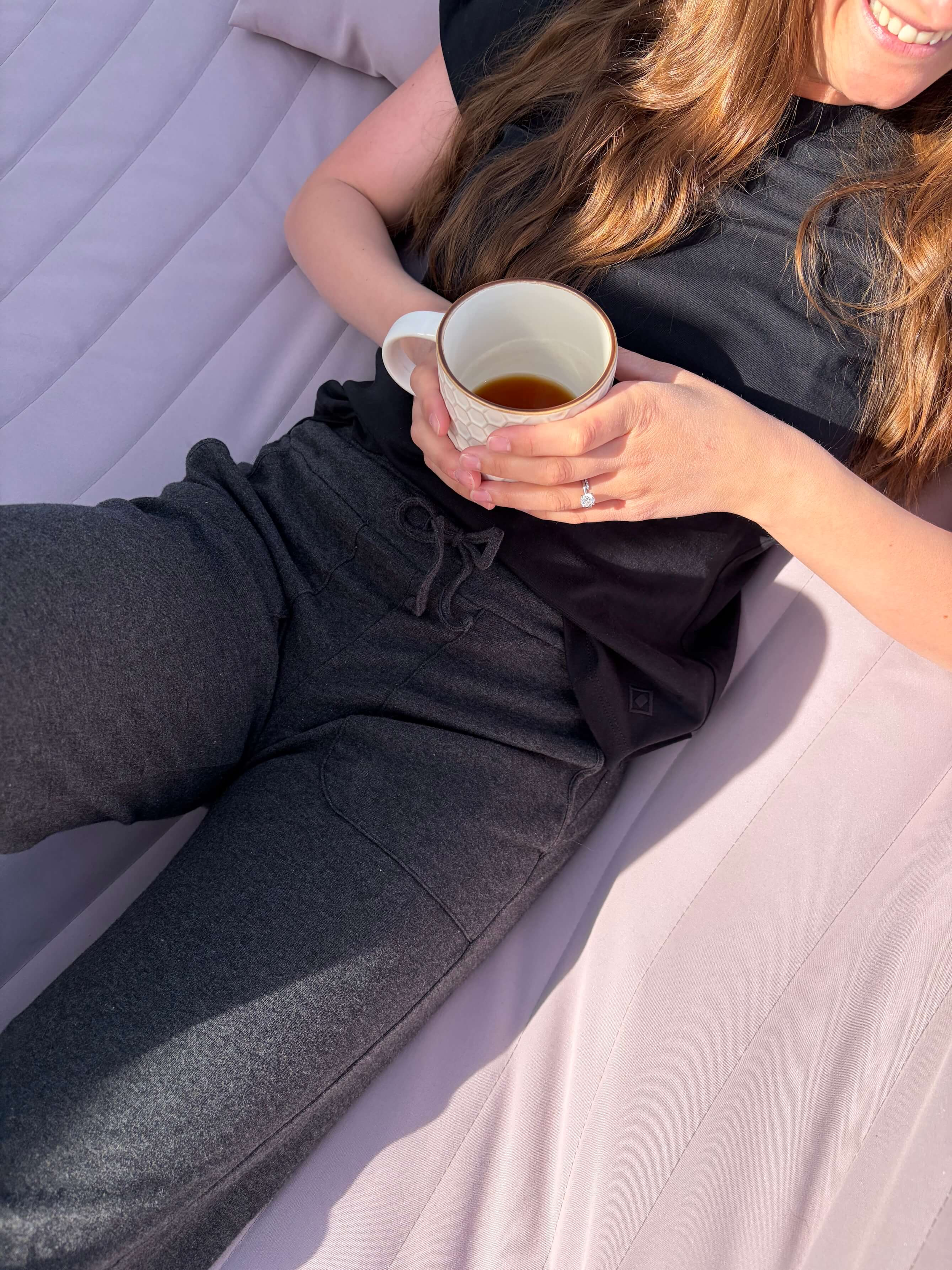 Woman wearing fair indigo Women's Ultra 100% Organic Cotton Relaxed Crew Neck T-shirt and Women's Organic 100% Cotton Lounge Pants