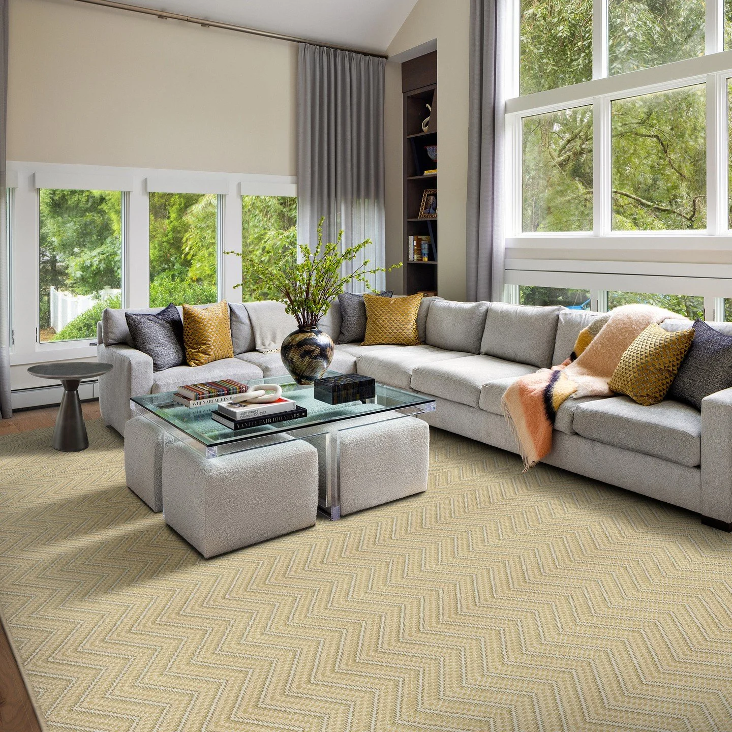 Step into bold modernity with the Ziggy carpet, featuring an eye-catching, oversized zigzag pattern that brings dynamic movement. The harmonious multi-color design, crafted with analogous hues, creates a soothing yet striking visual. Its lofty weave 