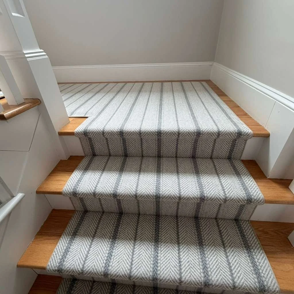 Staircase with wooden steps, carpeted with a plaid pattern, and white painted walls with baseboards.