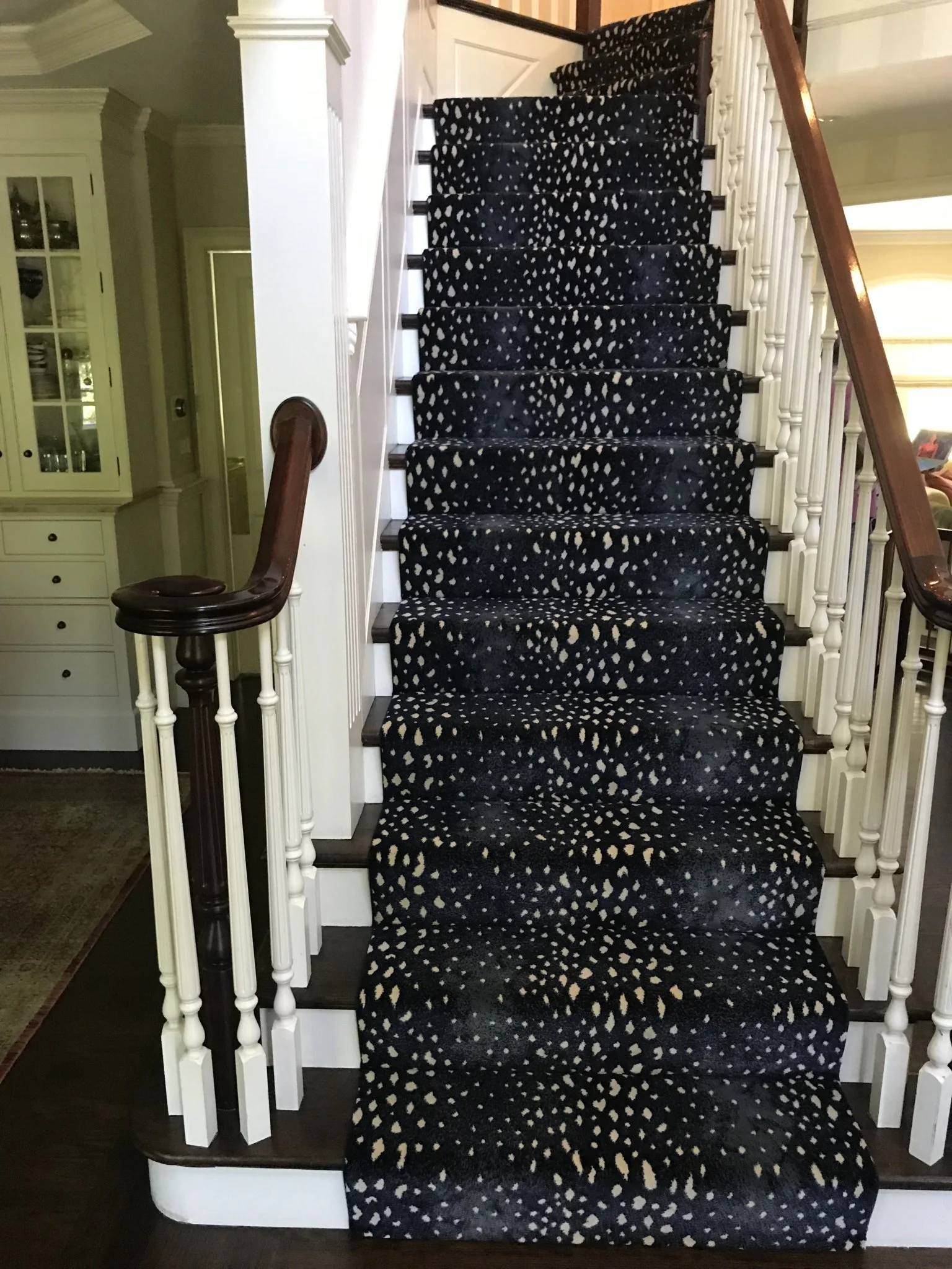 Indoor staircase with a black and white patterned carpet runner and white-painted banisters.