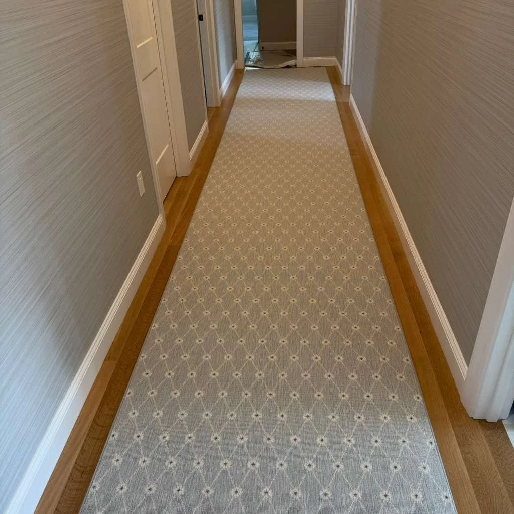 A hallway with a beige patterned runner rug on wooden floor, gray textured walls, white trim, and an open doorway at the end showing part of another room.