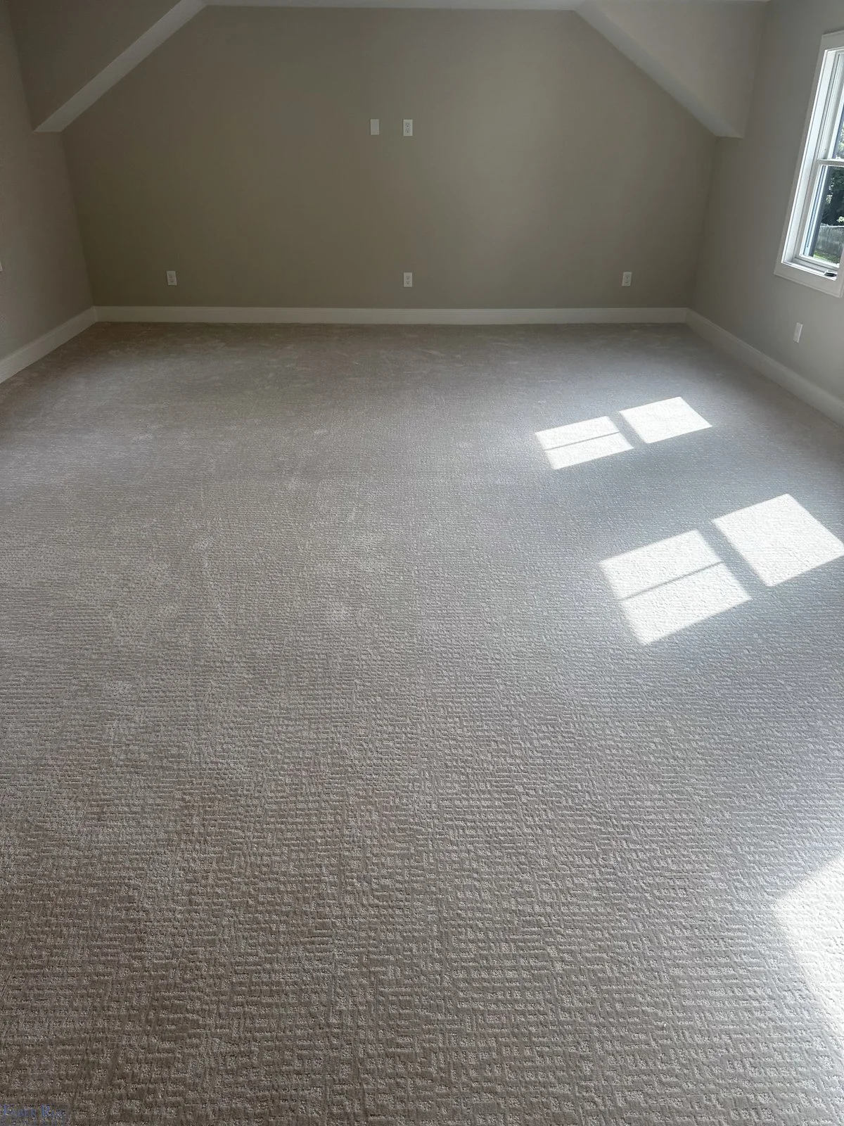 Empty room with beige carpet, light gray walls, multiple electrical outlets, and a window letting in natural light.