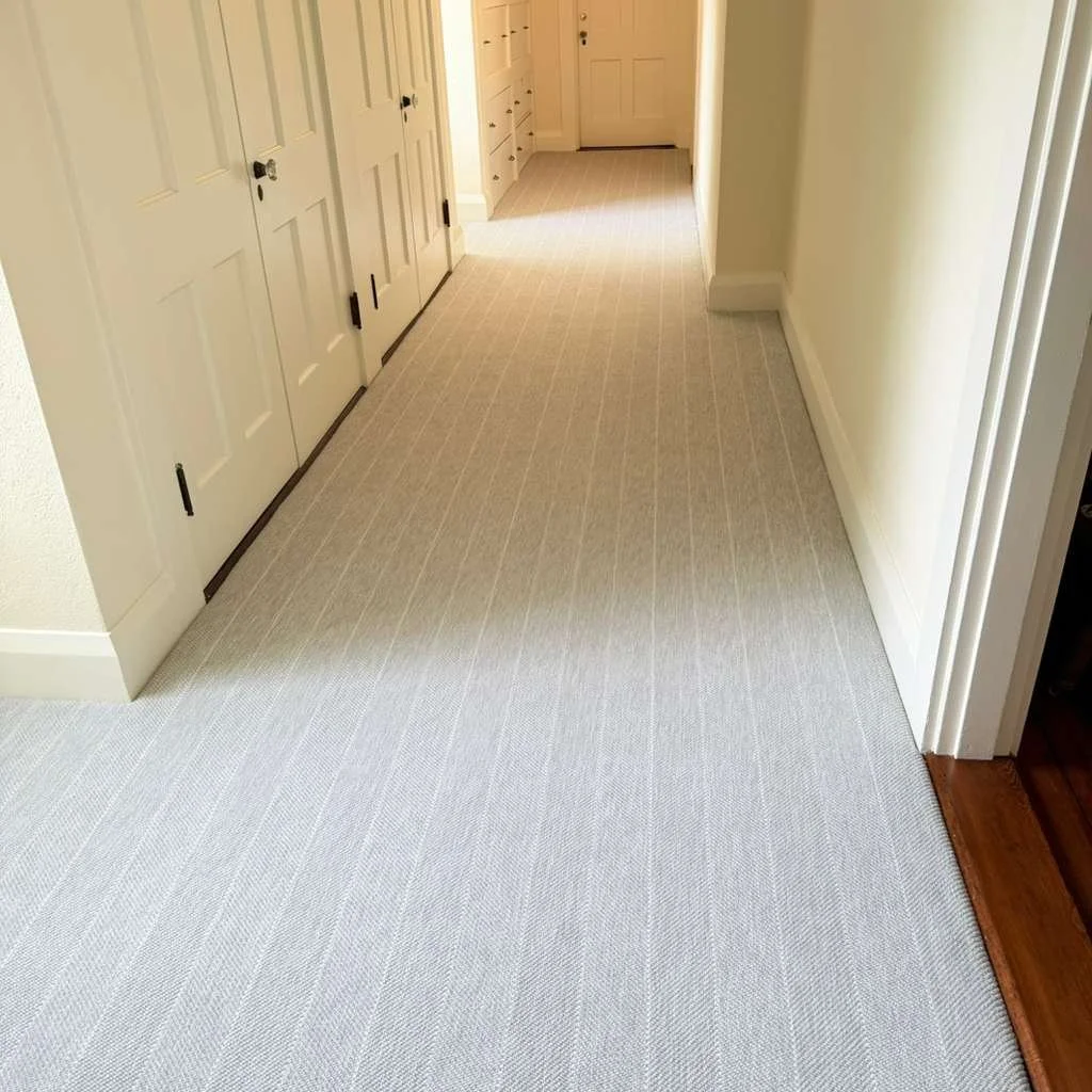 A hallway with white doors on the left side and a white wall on the right, light-colored carpeting, and a door at the end of the hallway.