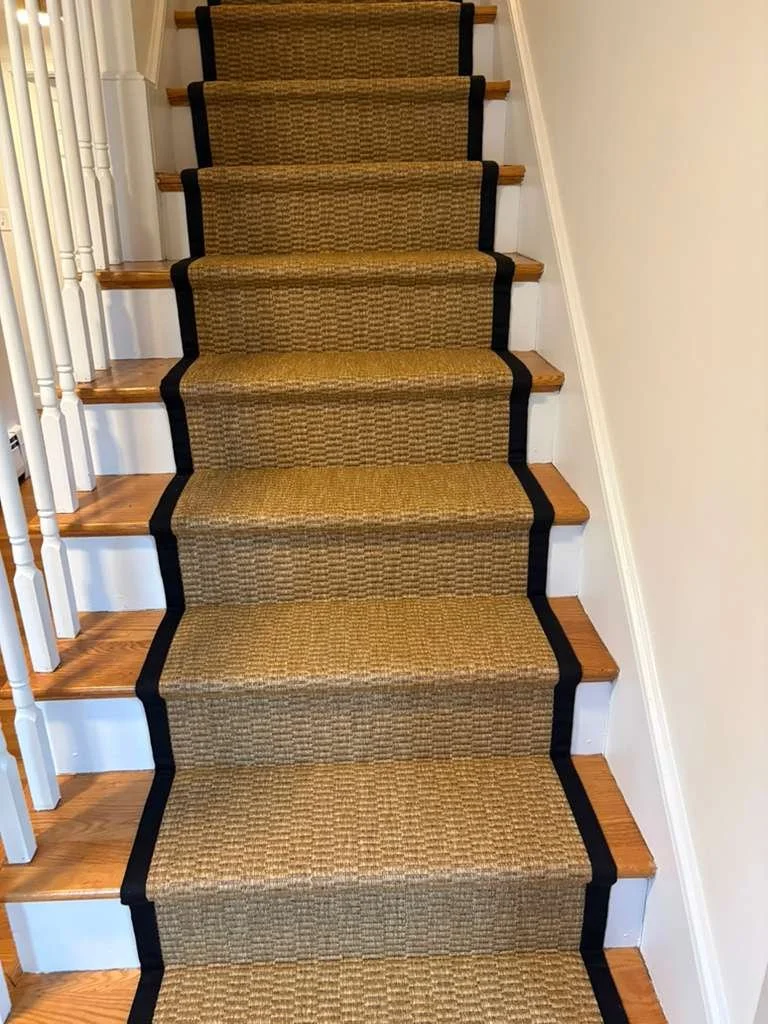 Carpeted staircase with a tan and black runner, wooden steps, white railings on the left, and white walls on both sides.