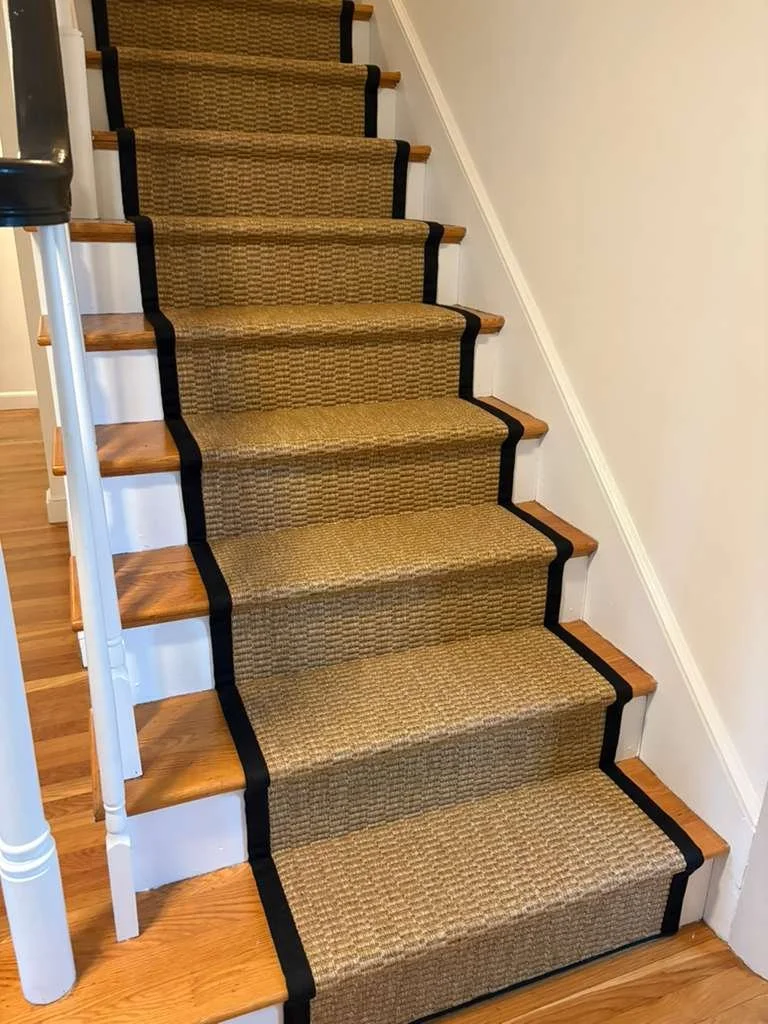 A staircase with a brown runner carpet secured with black strips on each step, bordered by wooden edges, and white walls on either side.