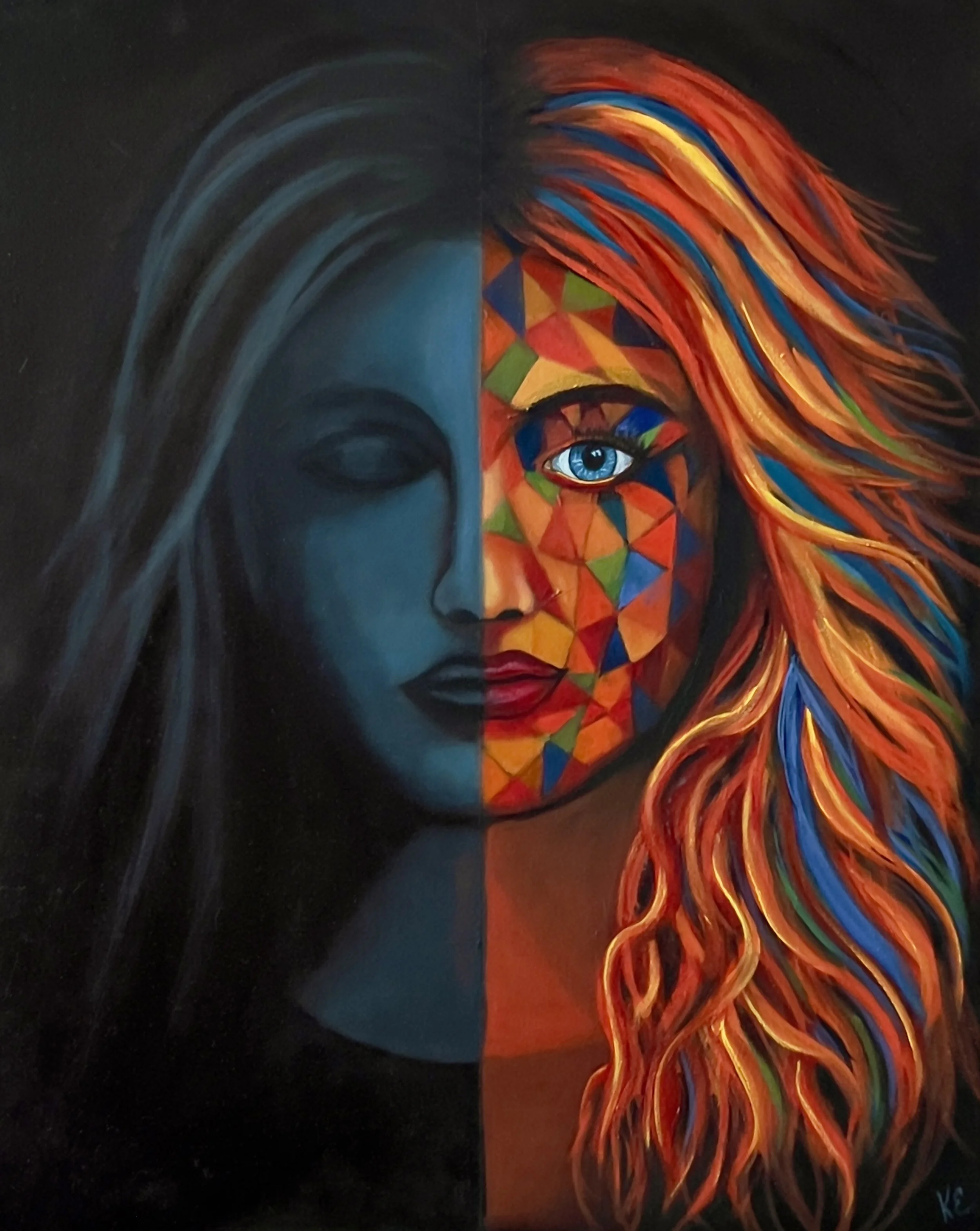 A split portrait painting of a woman's face. The left side is in shades of blue with a serene expression. The right side is colorful with vibrant hues, swirling lines, and a bright blue eye, with flowing hair composed of orange, red, blue, and green streaks.
