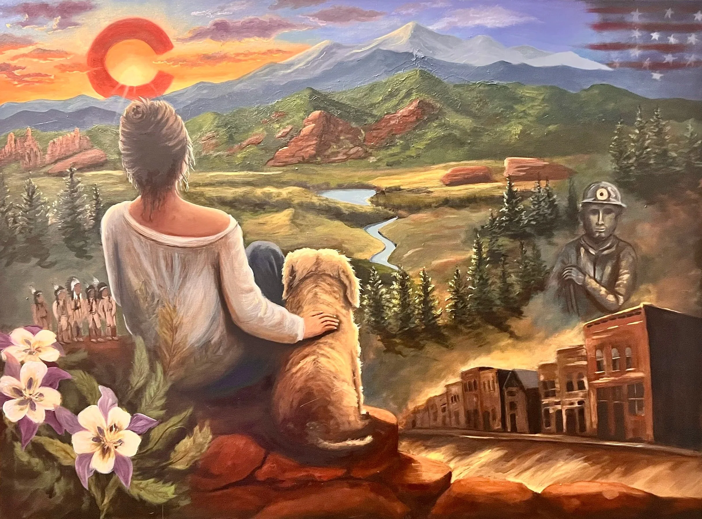 A Colorado mural scene depicting a woman and a dog looking at a landscape of Colorado and images of history.