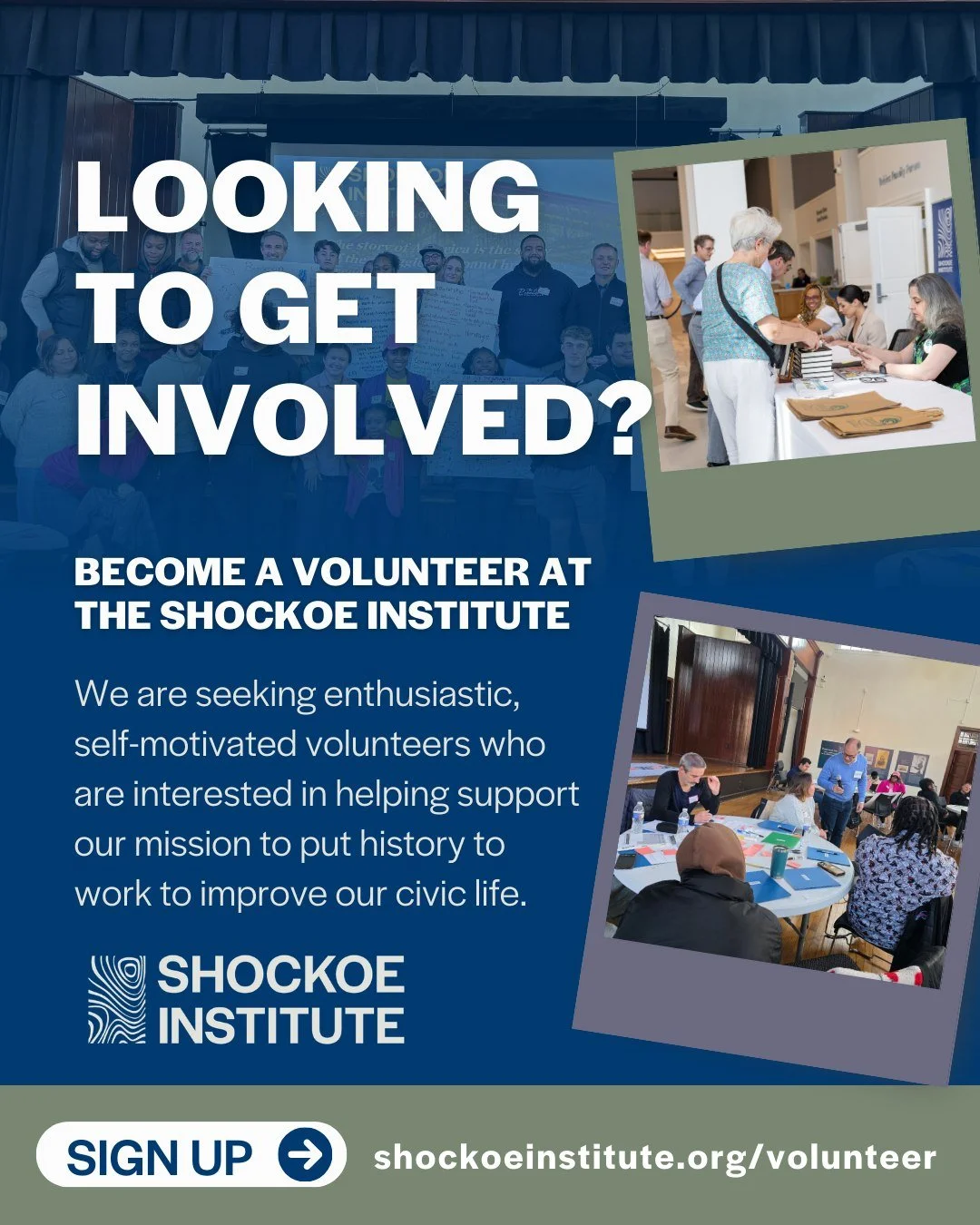 Looking to get involved? Become a volunteer at the Shockoe Institute and help us put history to work to improve our civic life. Volunteer Associates work alongside our staff to welcome visitors, support learning in The Lab, and help staff programs an