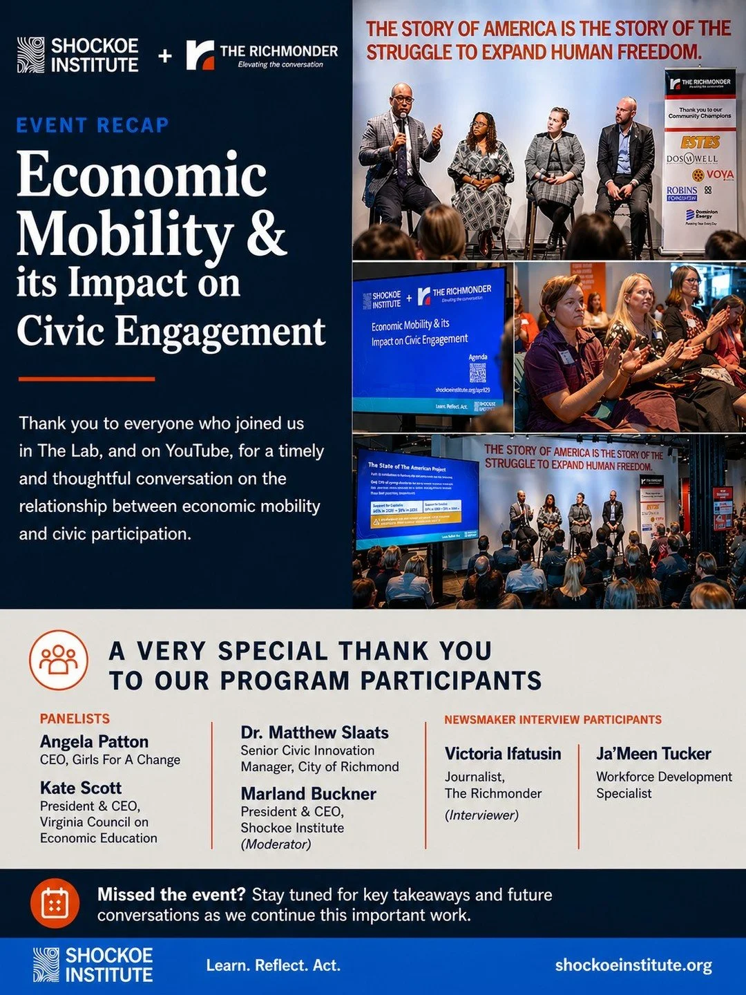 Thank you to everyone who joined us and the @therichmonder in The Lab and on YouTube last night for a timely and thoughtful conversation on the relationship between economic mobility and civic participation. We are grateful to our incredible program 