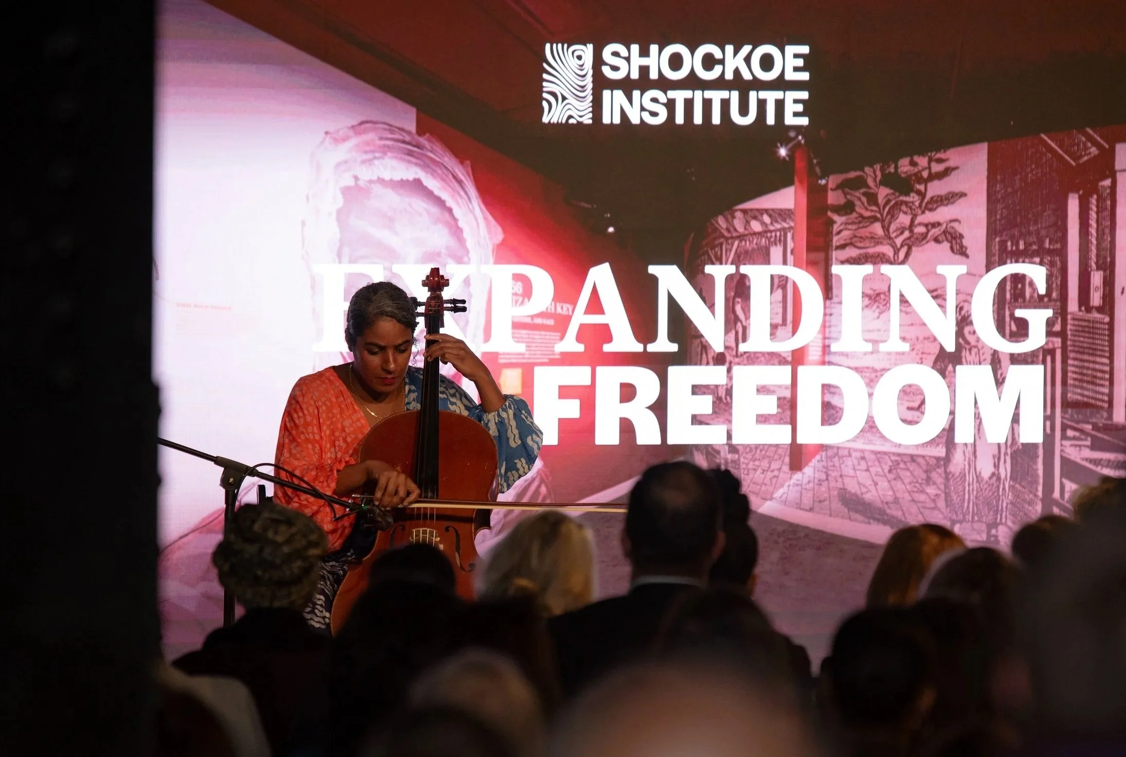 Leyla McCalla, Shockoe Institute Artistic Director, plays her song, Non Fon Bwa, on the Cello at the premiere of Expanding Freedom on April 9, 2026