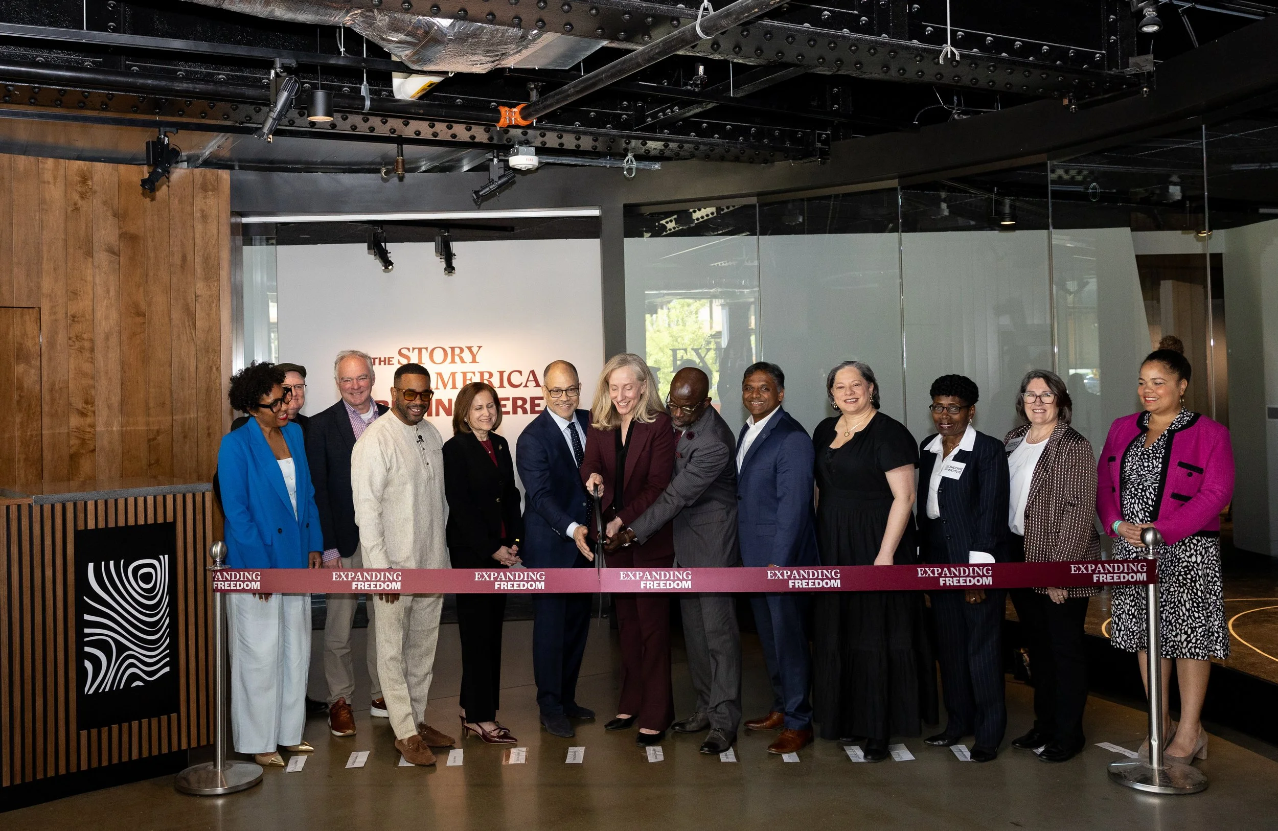 From left to right: L'Rai Arthur Mensah, Local Projects Project Director, Dr. Gregg Kimball, Shockoe Institute Senior Historian in Residence, Senator Tim Kaine, Dr. Devon Henry, Team Henry Enterprises CEO, Lieutenant Governor Ghazala Hashmi, Marland 