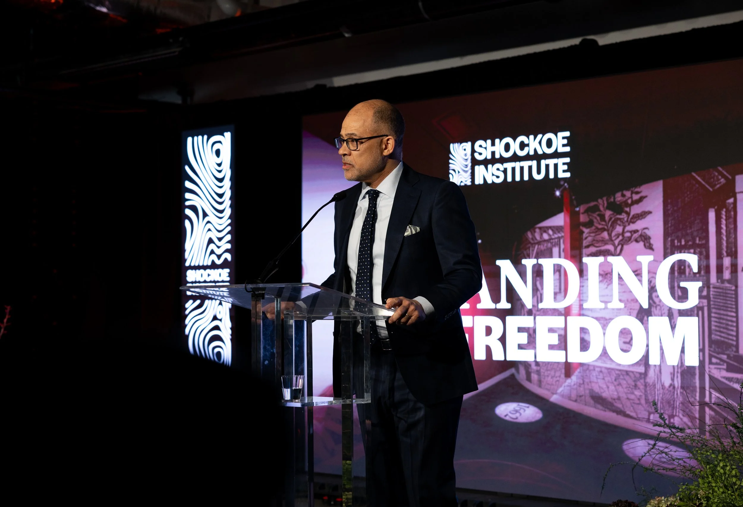Marland Buckner, Shockoe Institute President and CEO, delivers opening remarks at the premiere of Expanding Freedom on April 9, 2026
