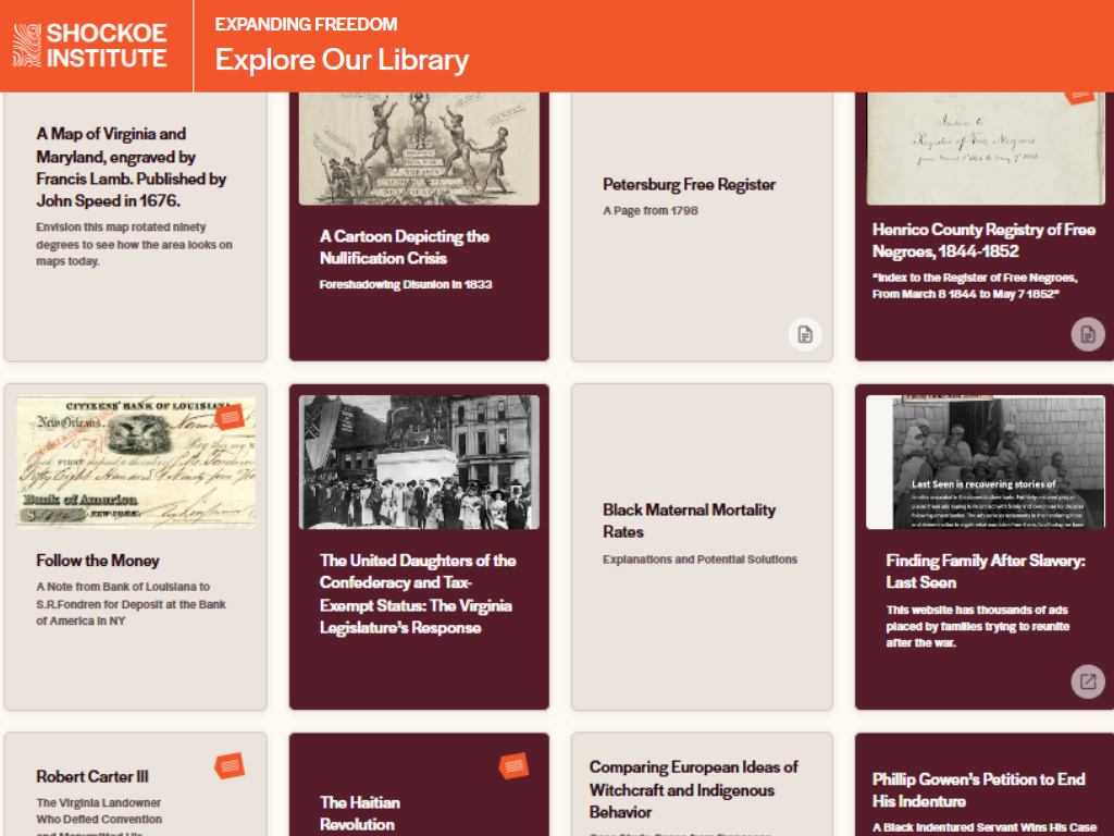 Screenshot of the Shockoe Institute's online library webpage featuring historical documents and articles on topics like Virginia's history, emancipation, and racial issues.
