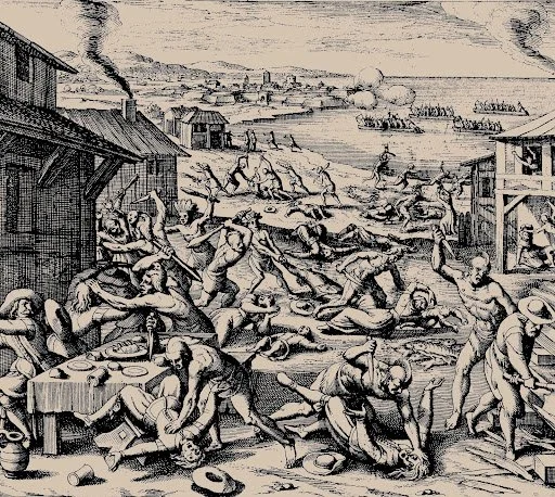 1628 woodcut by Matthaeus Merian the Elder showing the 1622 Jamestown massacre; published as plate 7 in de Bry’s *America*, Part 13 (German edition).