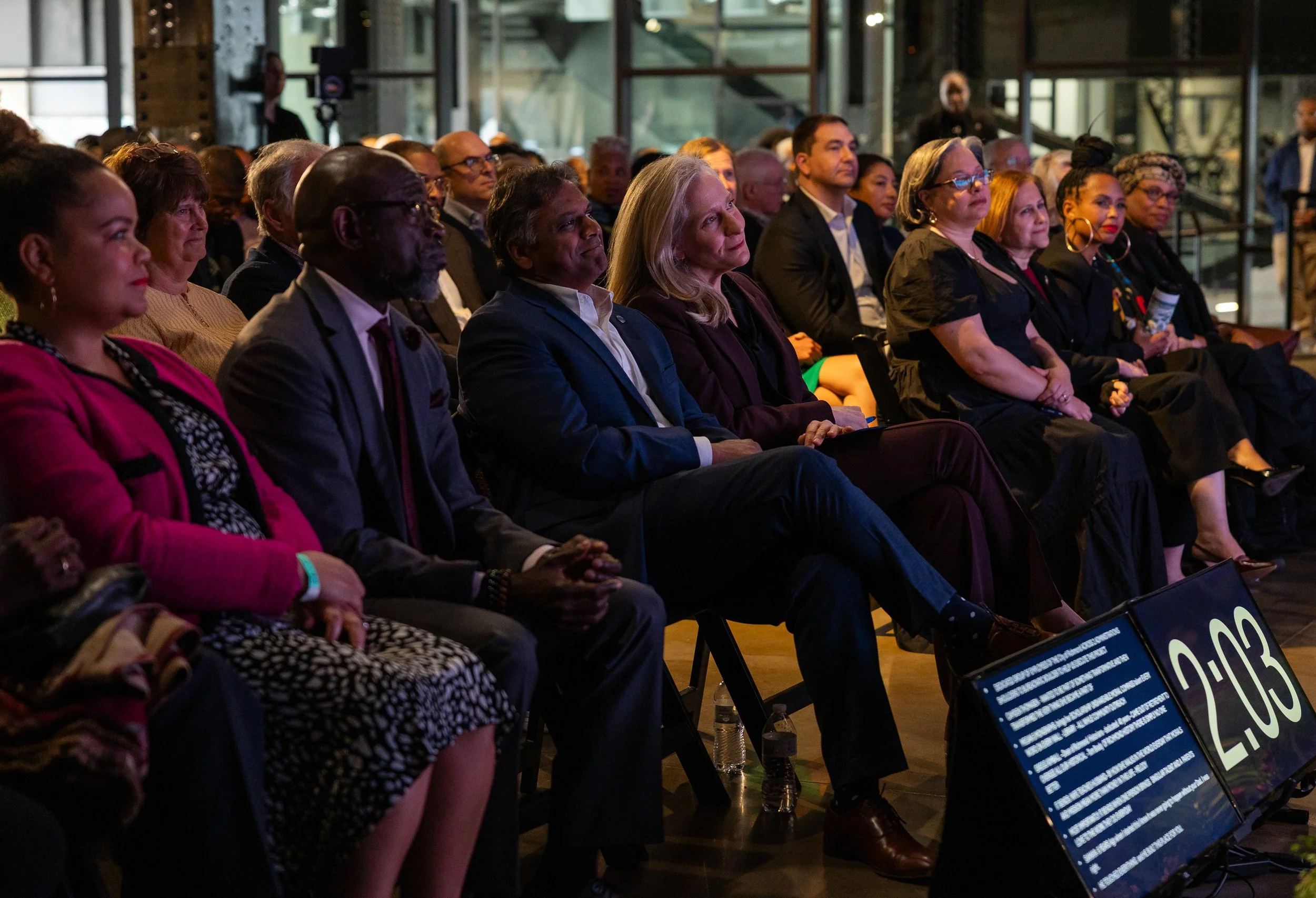 From left to right: Delegate Rae Cousins, Todd B Waldo, Shockoe Institute COO, Dr. Danny Avula, Mayor of Richmond, Virginia, and Governor Abigail Spanberger listen to Shockoe Institute President & CEO, Marland Buckner, deliver opening remarks on Apri