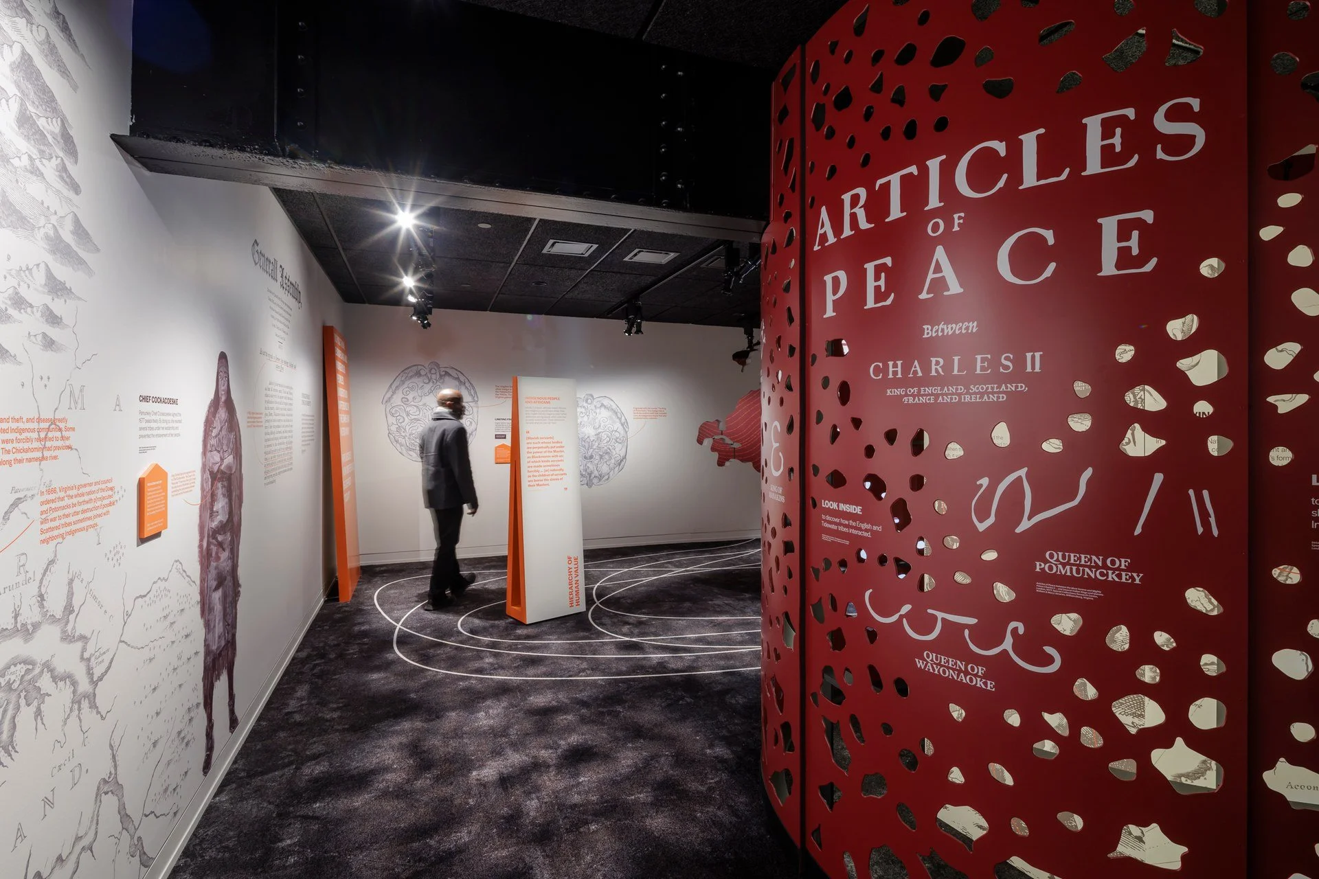 Museum exhibit titled 'Articles of Peace' with display panels and decorative elements.