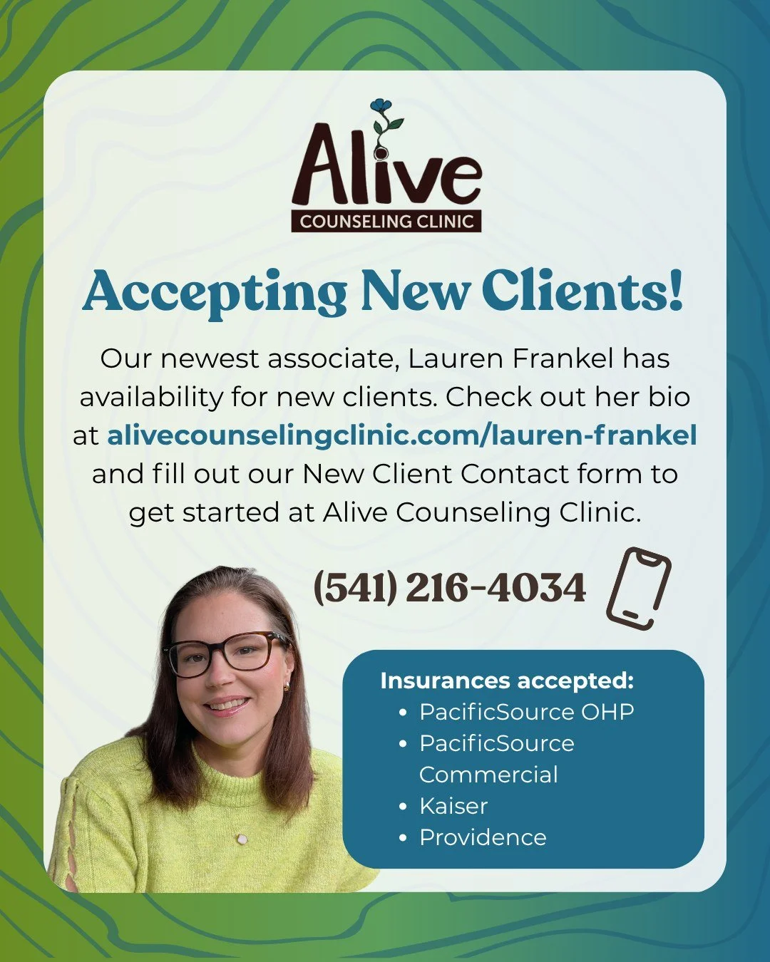 Work with Lauren at Alive Counseling Clinic! 🌱

Lauren has openings for new clients. Check out her bio at alivecounselingclinic.com/lauren-frankel and fill out our New Client Contact form or call us at (541) 216-4034 to get started.

#mentalhealth #