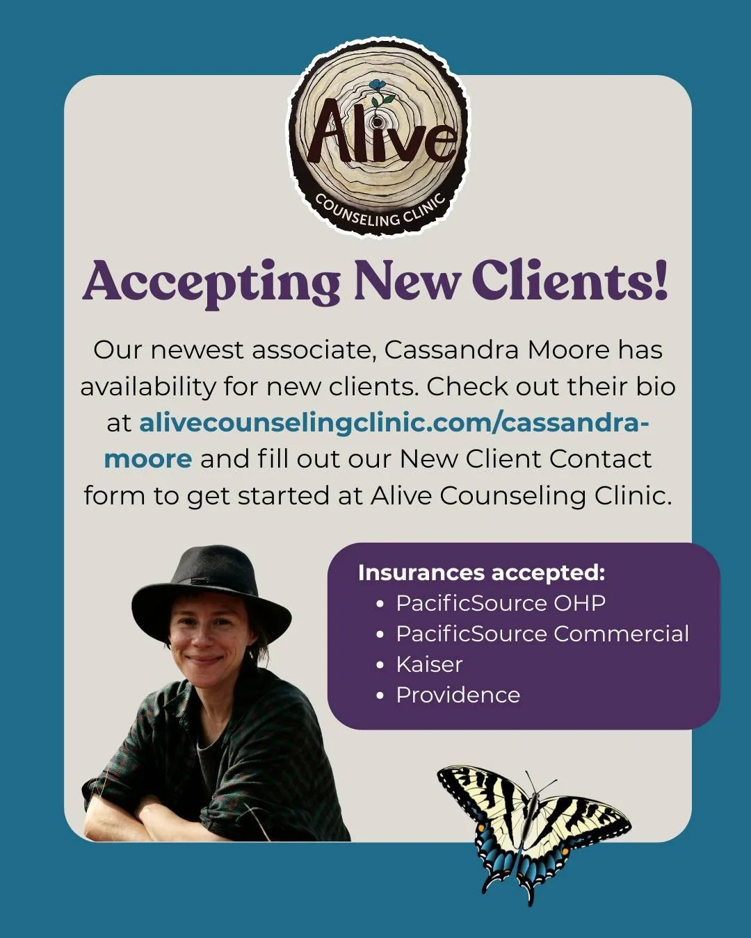 Cassandra Moore, professional counselor associate at ACC, is now taking on new clients. To learn more, visit https://www.alivecounselingclinic.com/cassandra-moore. Think they might be a good match for your needs? You can complete the new client conta