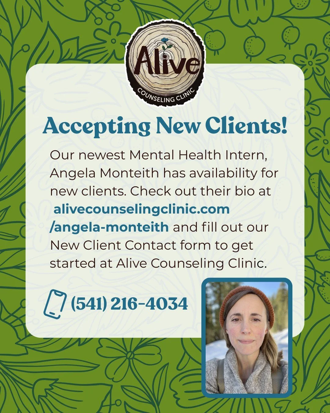 Angela Monteith, the new mental health intern at ACC, is now taking on new clients. To find more information, visit https://www.alivecounselingclinic.com/angela-monteith. Think she might be a good match for your needs? You can complete the new client