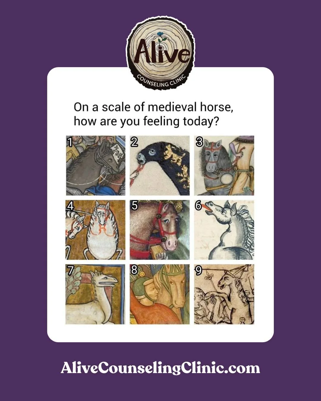🐴🏰 Embark on a voyage of self-exploration! Alive Counseling Clinic is now welcoming new clients! 

✨ Which medieval horse do you embody?✨

Saddle up and schedule your first session today! 🐎
🌾 Visit: https://www.alivecounselingclinic.com/new-clien