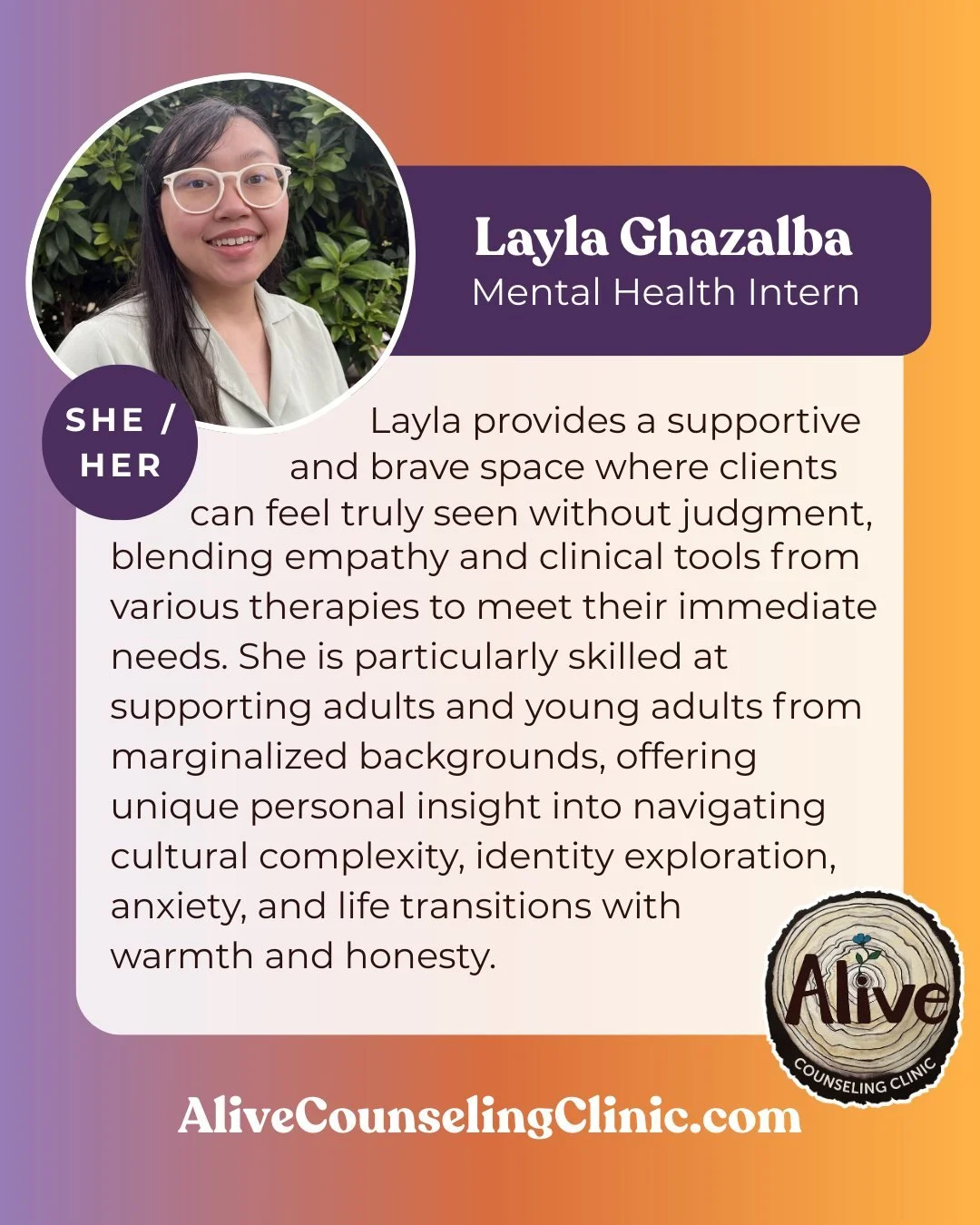 🌳 Discover a supportive atmosphere with Layla, where you are embraced without judgment. She blends therapeutic approaches to address your needs. Layla is interested in helping adults and young adults from underrepresented communities navigate cultur