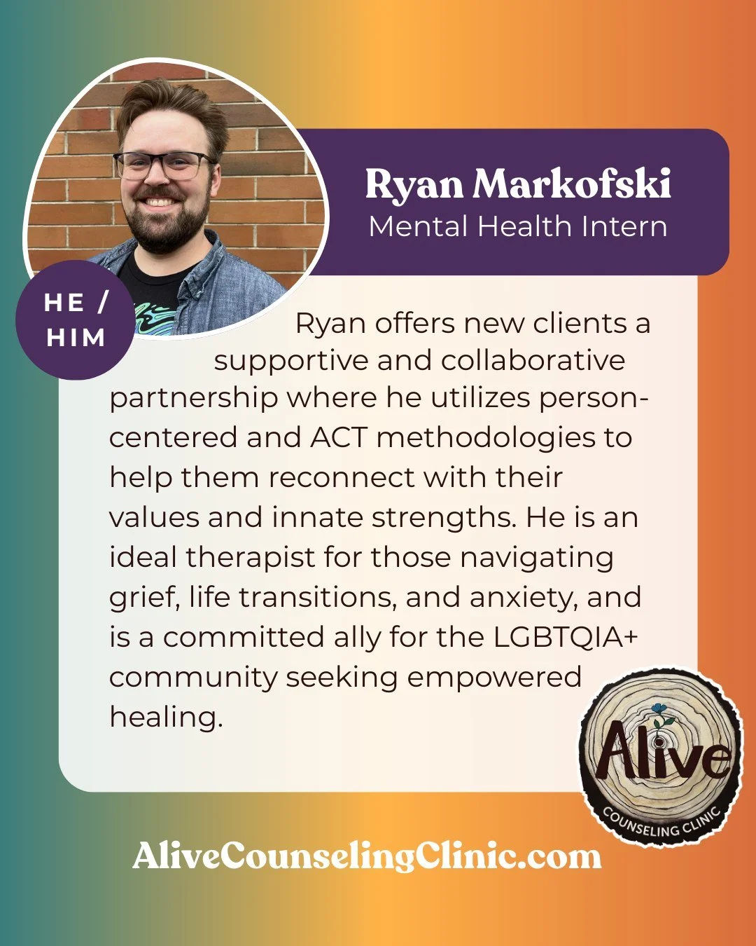 🌲 Discover the power of self-discovery and growth with Ryan's compassionate, person-centered approach to therapy. Embrace your authentic self in a safe and supportive environment as you navigate grief, life changes, and anxiety. 

🌲 Start your jour