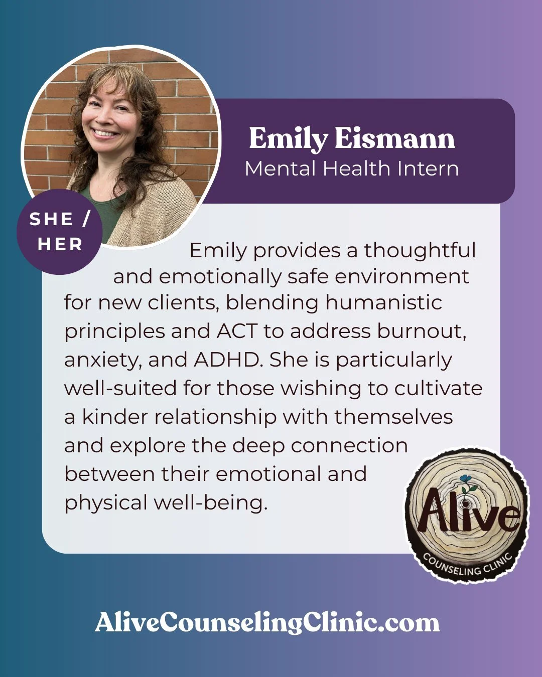 🌻 Build a haven for recovery and personal development with Emily, where understanding and teamwork blend seamlessly. She is learning to engage clients using humanistic and ACT approaches to help individuals with anxiety, ADHD, and burnout. Perfect f
