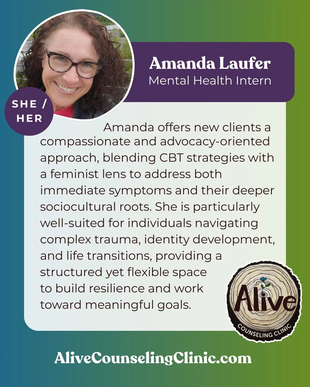 🌱 Amanda is learning to integrate CBT strategies with a feminist perspective to tackle both immediate issues and deeper sociocultural challenges. She is committed to supporting individuals dealing with trauma, embracing identity growth, and navigati