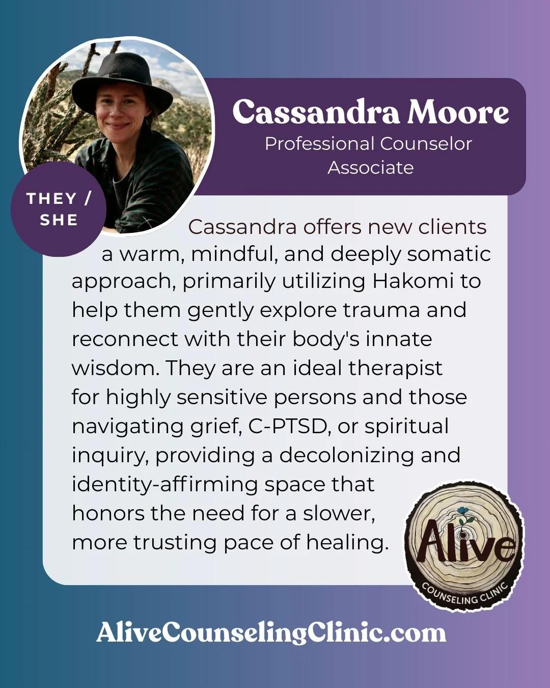 🌻 Cassandra offers a warm, mindful approach to healing to help client's reconnect with their body's innate wisdom. 

🌻 Cassandra has availability to start seeing new clients. Contact us at alivecounselingclinic.com or call (541) 216-4034 to get sta