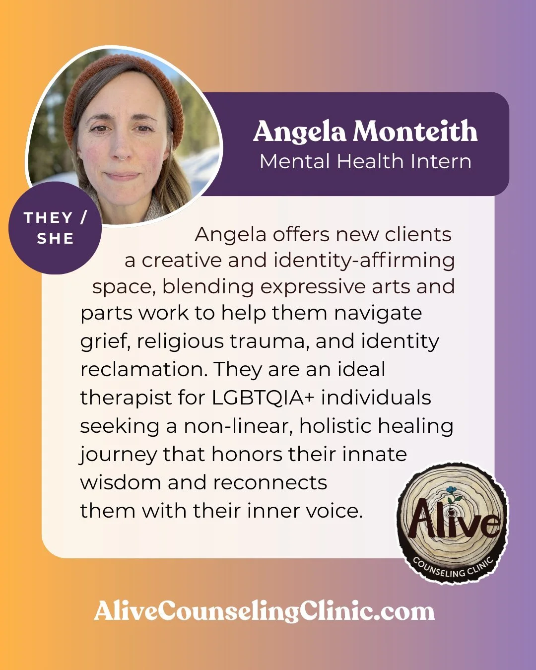 🌈 Angela provides a creative and identity-affirming space for new clients, using expressive arts and parts work to help with grief, religious trauma, and identity reclamation. 

🌈 Angela has availability to start seeing new clients. Contact us at a