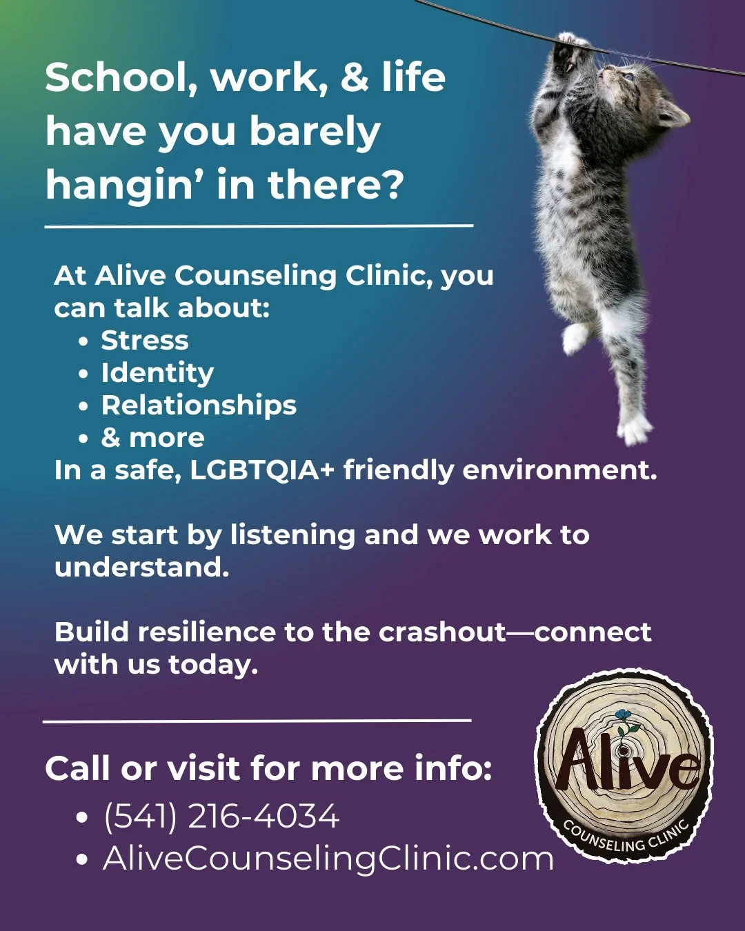 Feeling overwhelmed by school, work, or life in general? At Alive Counseling Clinic, you can talk about: Anxiety, self-discovery, grief, interpersonal connections, depression, and more! All within a welcoming, LGBTQIA+ affirming space. 

We prioritiz