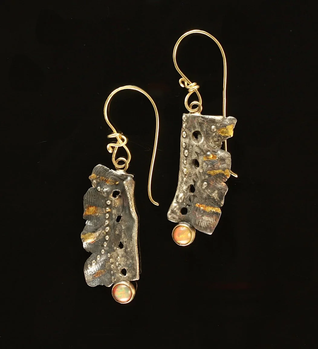 Sea Foliage earrings. Sterling Silver, 14k Gold, Kuem-boo. Ethiopian Opals. $1200. 2025 