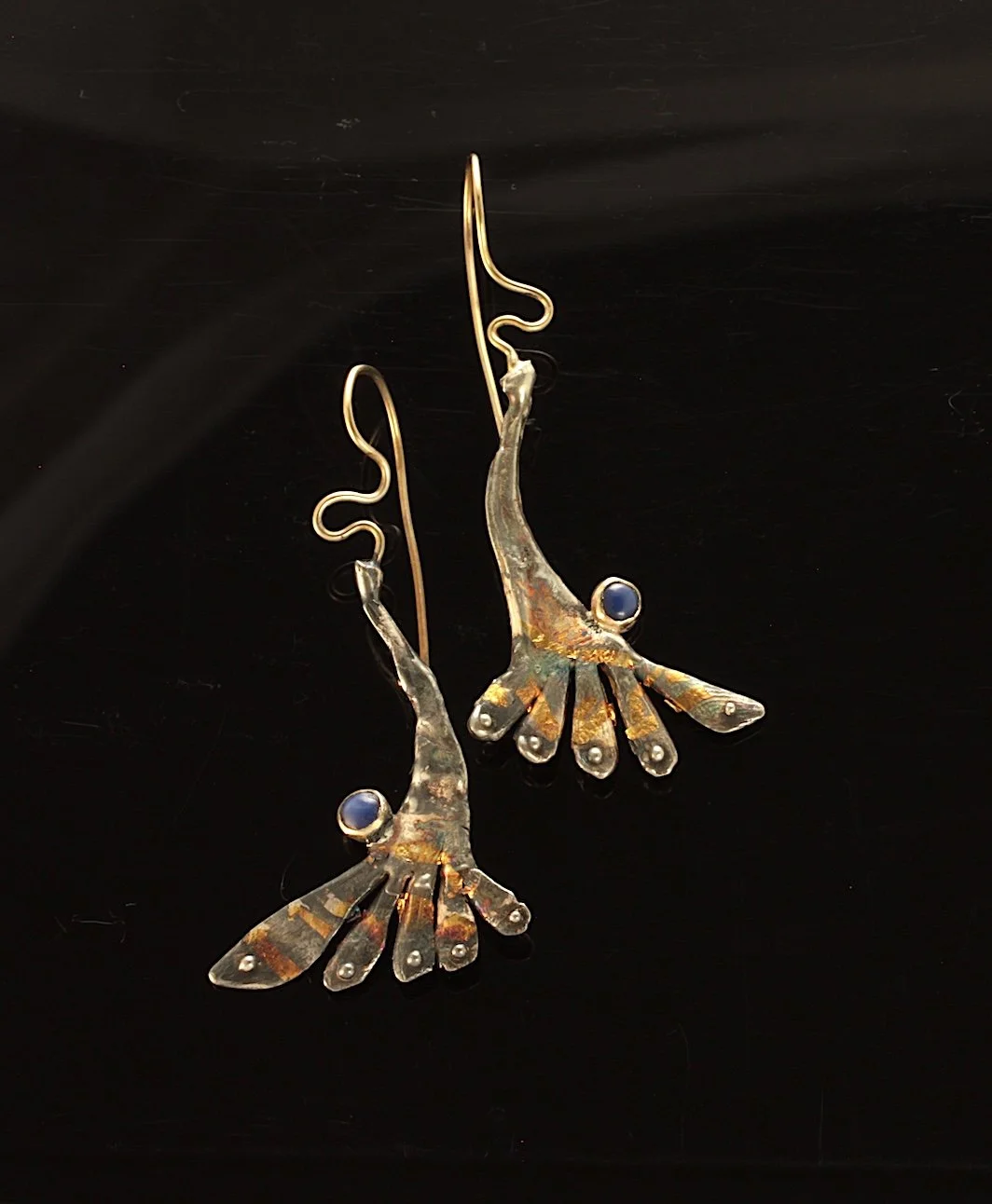 Sea Foliage Frond earrings. Sterling Silver, 14k Gold, Kuem-boo. Star Sapphires. $900. 2025