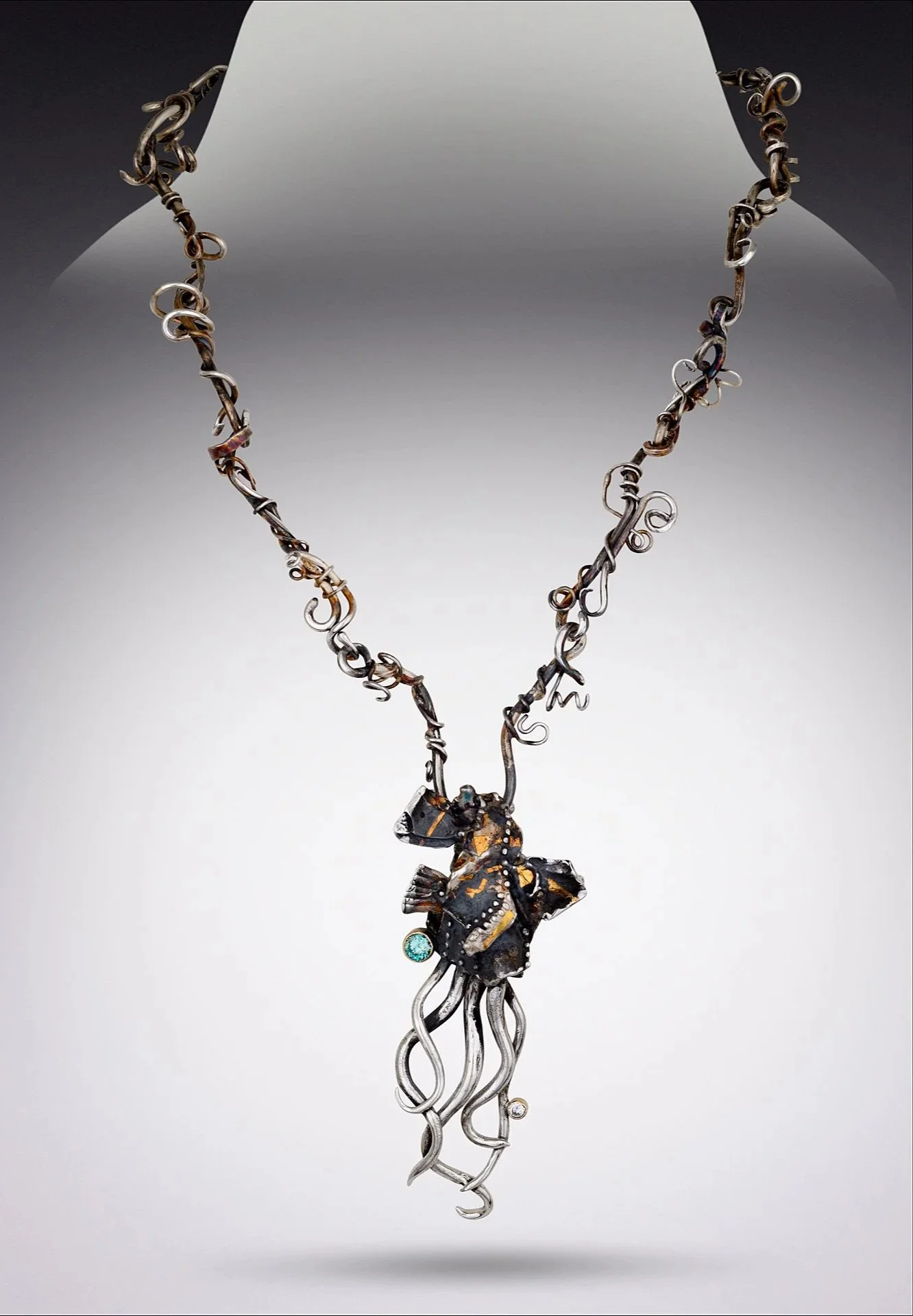 Traveller with Sea Bracken, sterling silver, 14k gold, Kuemboo.  Moissanites.  $4000 (2025)