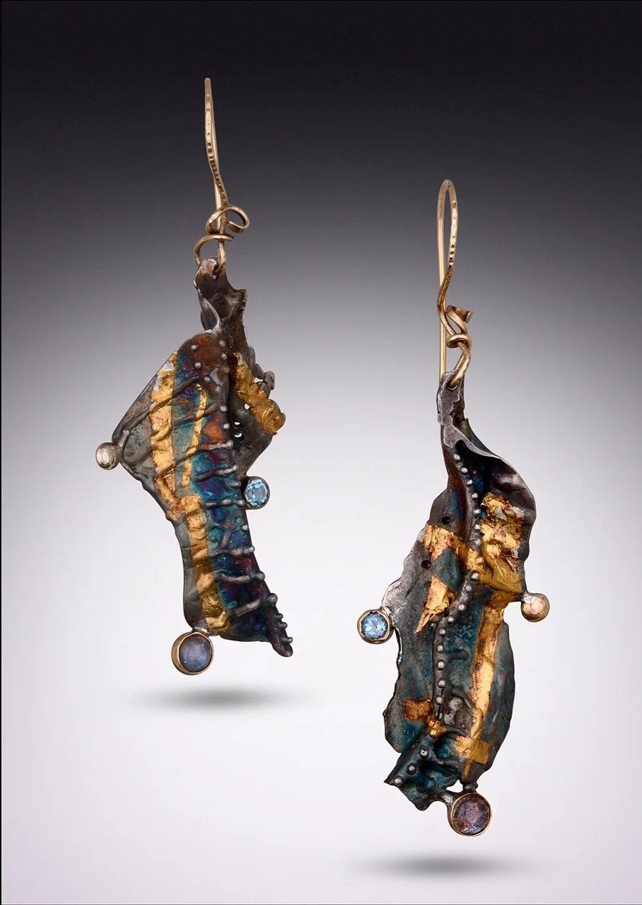 Tidal Pool Earrings sterling silver, 14k gold, Kuem-boo. Star Sapphire, Emerald, Peridot $1400. 2025