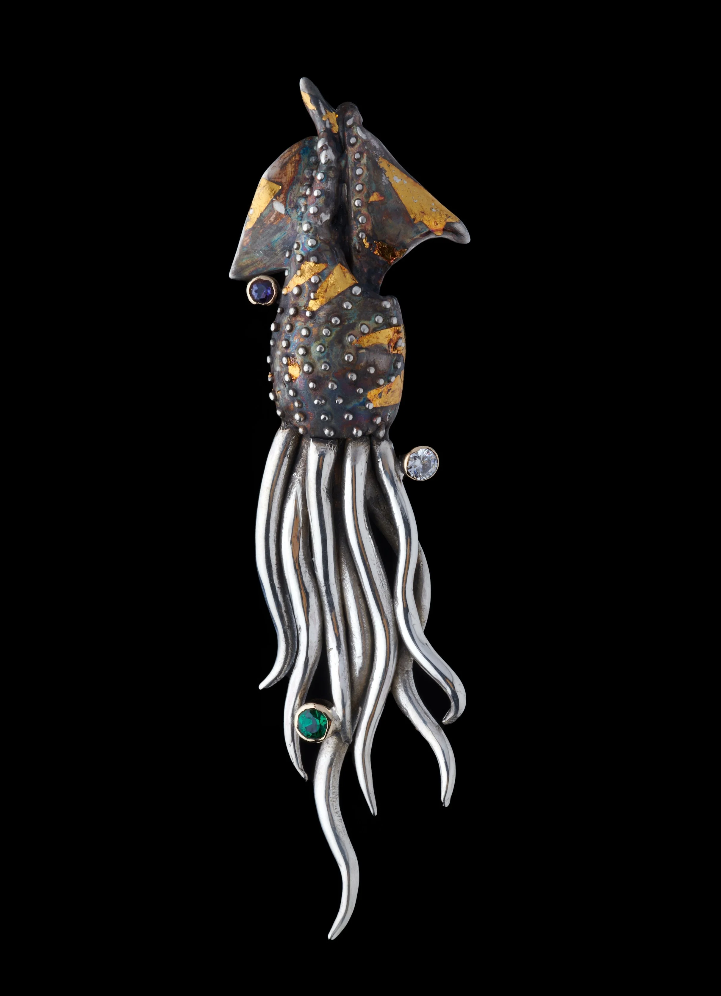 Surrealistic Traveller Cephalopod #1 Pendant,  Sterling Silver, 14k gold, Kuem-boo, Emerald, Moissanite, Sapphire.  $2000 2025