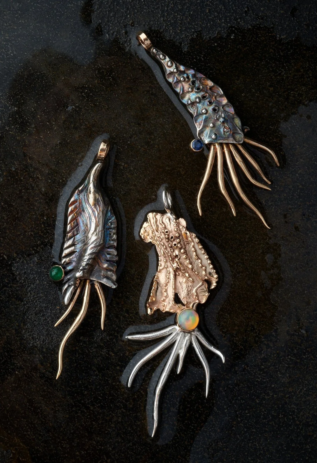 A trio of Travellers of Sea and Space. 14k gold and silver.  Ethiopian Opal, Emerald, Sapphire. 2025