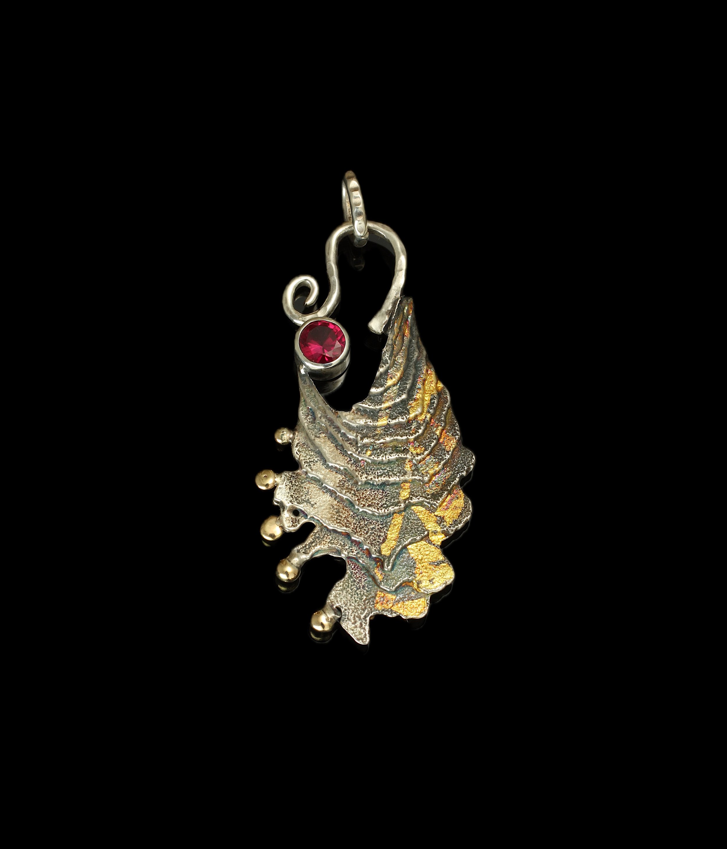 Cuttlebone Pendant. Tidal Pool Ring.Sea Foliage earrings. Sterling Silver, 14k Gold, Kuem-boo. Ruby. $750. 2024