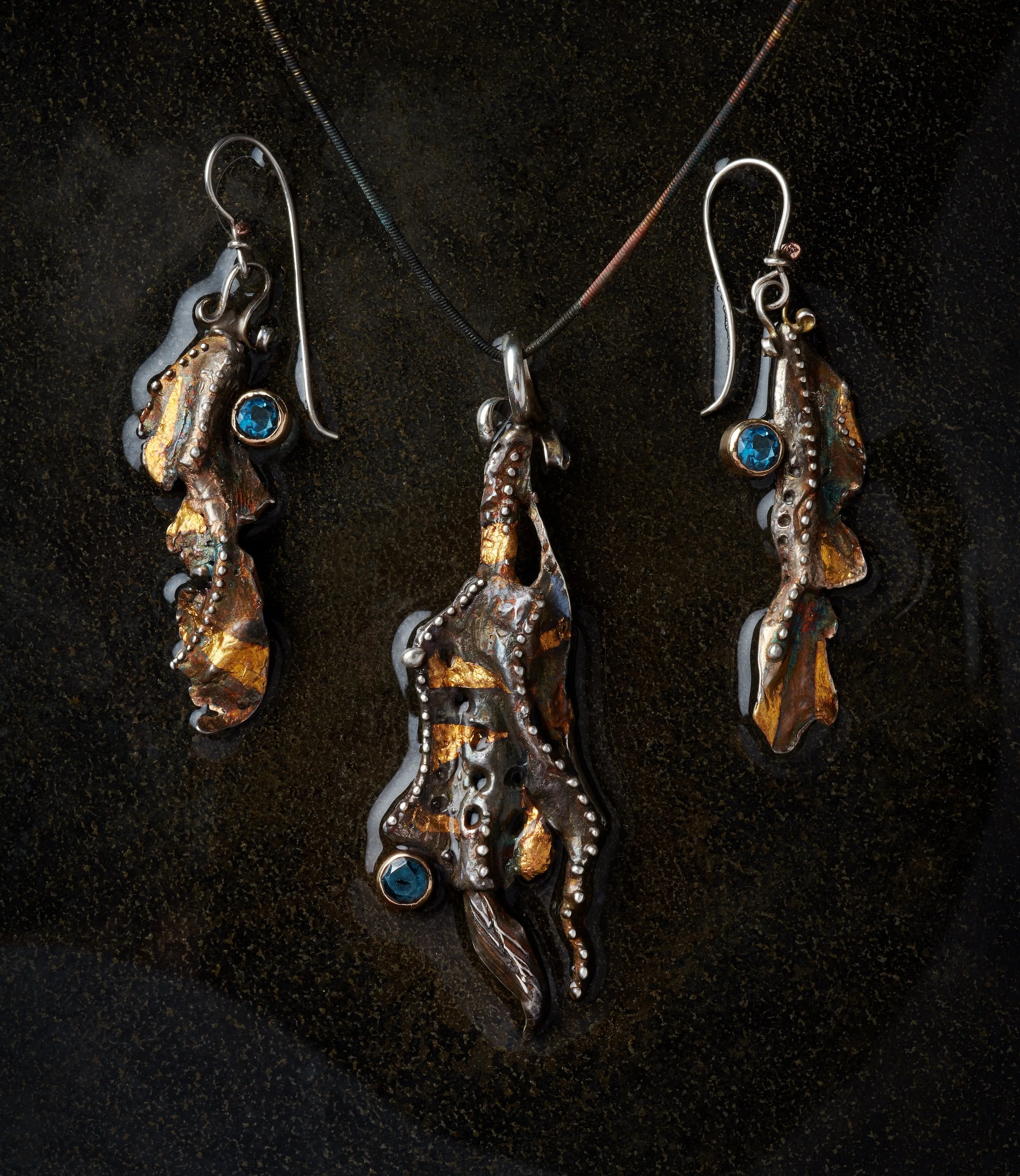 London Topaz  Tidal Pool Earrings and Pendant , Sterling, 14k gold Kuem-boo (display wire not included) $1750  2025