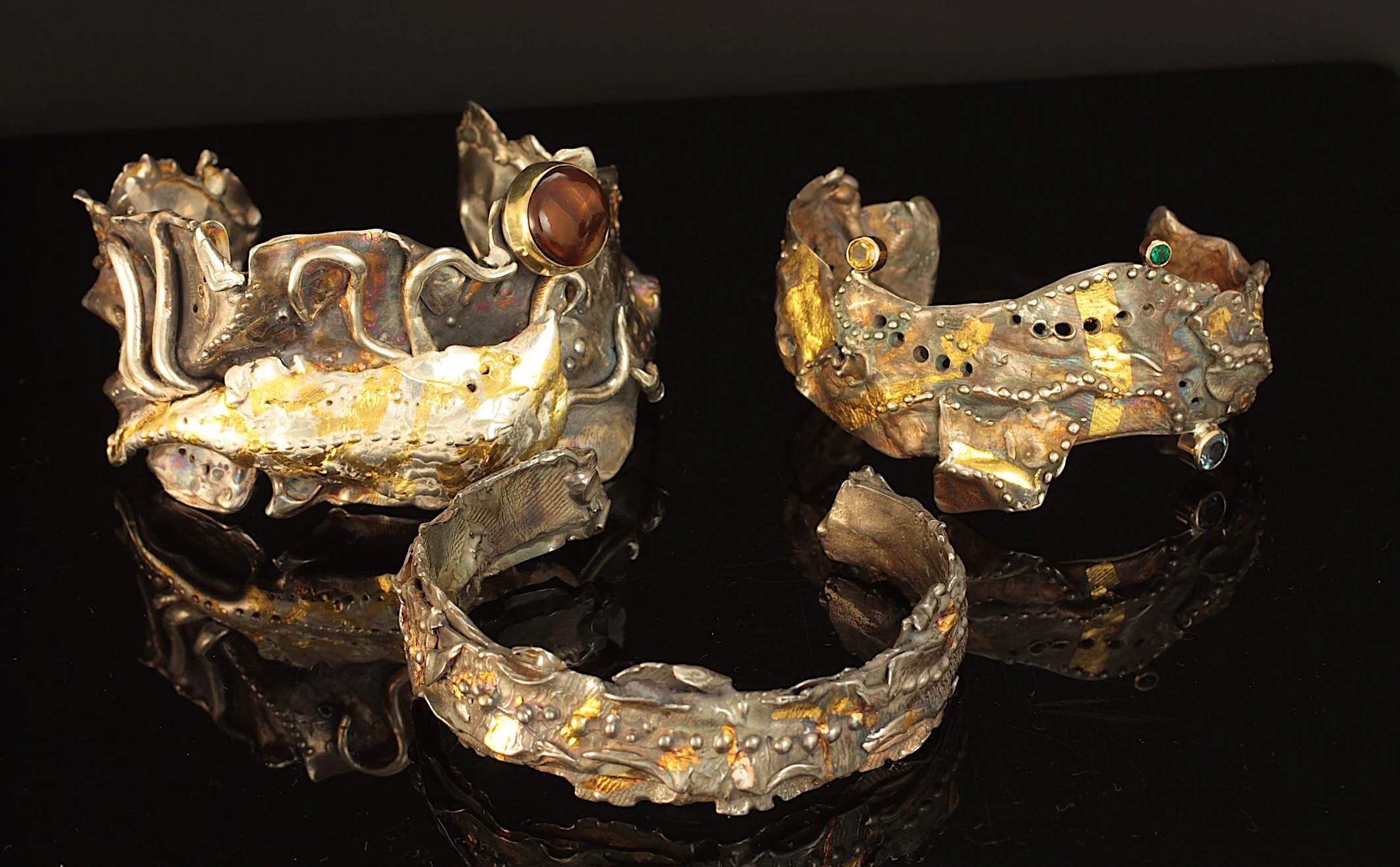 Tidal Pool Heavy Cuffs, Sterling Silver, 14k gold, Kuem-boo.  Fire Agate, Emerald, Citrine, London Topaz  2025  