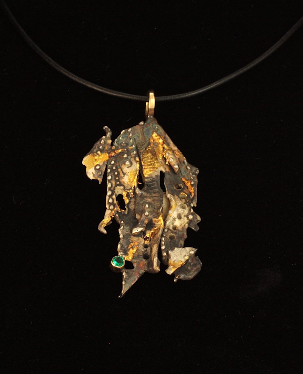 Tidal Pool pendant. Sterling Silver, 14k Gold, Kuem-boo. Emerald. $900. 2025