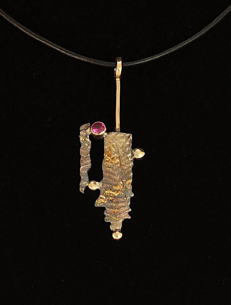 Cuttlebone Pendant. Sterling Silver, 14k Gold, Kuem-boo. Ruby. $1000. 2024