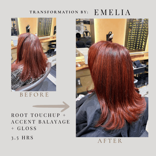Side-by-side images showing a woman's hair before and after a root touch-up, accent balayage, and gloss treatment that took 3.5 hours.