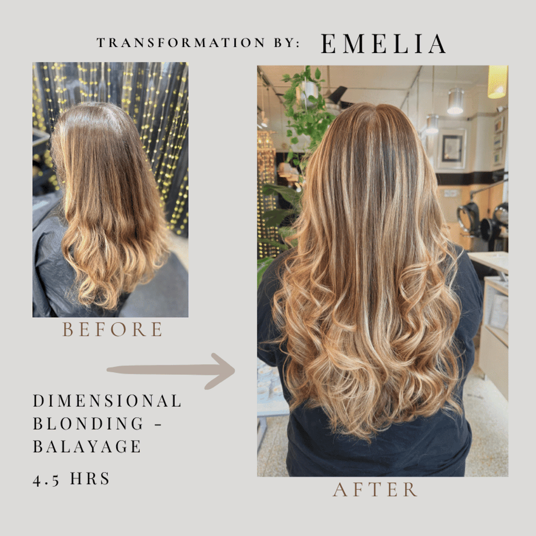 Before and after photos of a woman's hair transformation, showing dimensional blonding and balayage completed by Emelia in 4.5 hours.