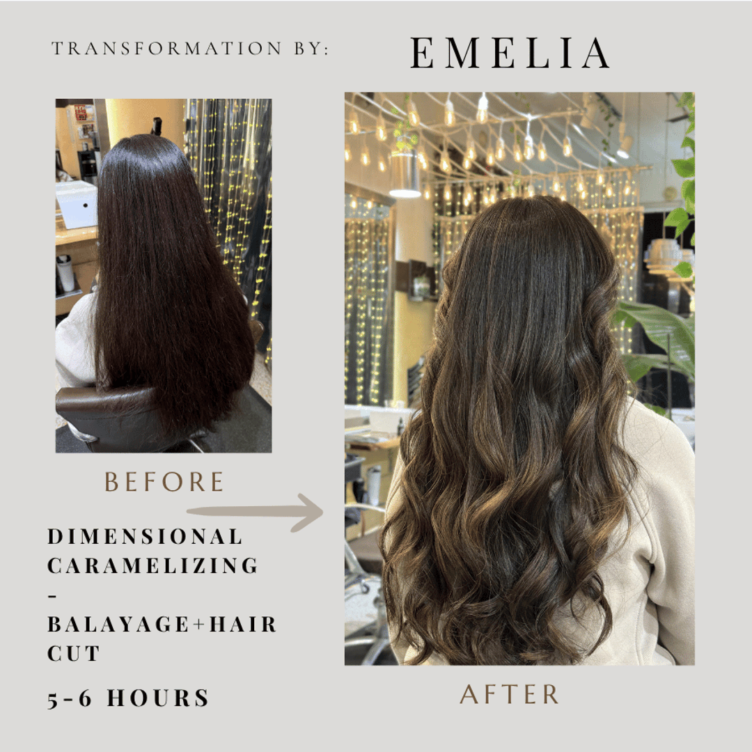 Side-by-side images show a woman's hair before and after a hair transformation. The before image shows long, dark, straight hair. The after image shows long, voluminous, wavy hair with a caramel color. The transformation was done by Emelia, and the process took 5-6 hours, involving dimensional caramelizing, balayage, and haircut.