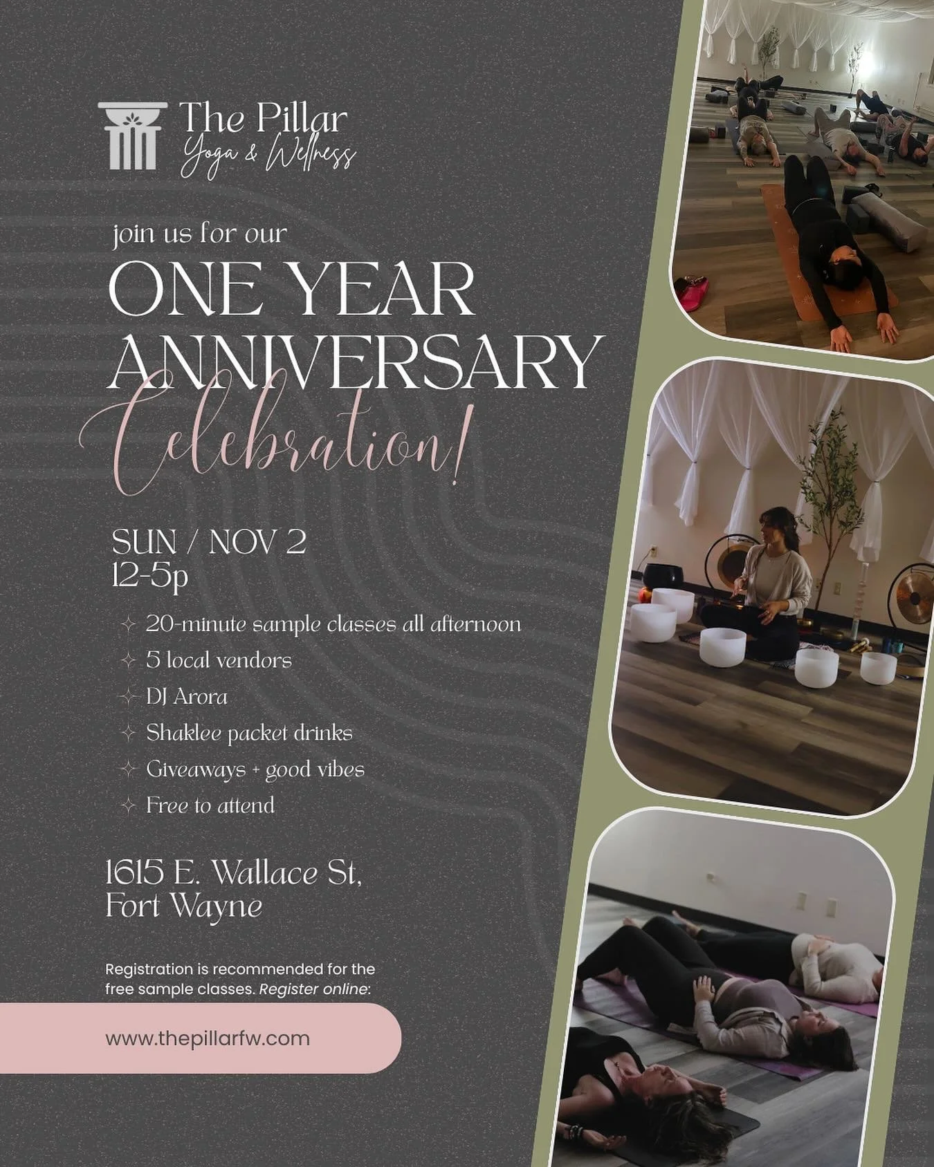 🎉 It’s time to celebrate!
Join us at The Pillar Yoga & Wellness for our One-Year Anniversary Celebration — a day of movement, music, and community!
🗓 Sunday, November 2 | 12–5 PM
📍 1615 E. Wallace St., Fort Wayne
✨ 20-minut
