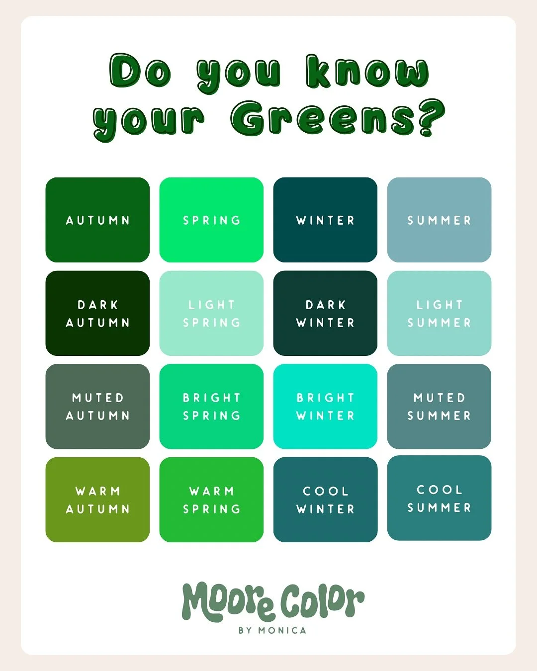 Greens for every seasonal color palette! Green reads more warm (blue with yellow added, yellow = warmth) so as you get into the cooler seasons (winter and summer), the &lsquo;green&rsquo; tends to look more teal as there is less yellow and more blue 
